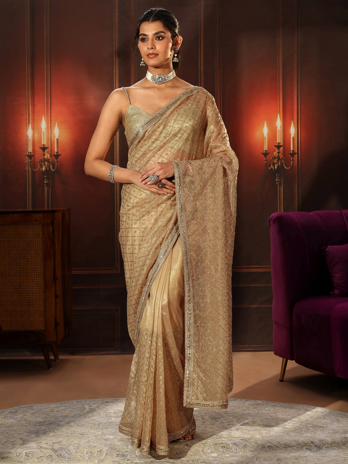 Mameraa Beige Embellished Jaal Work Net Saree