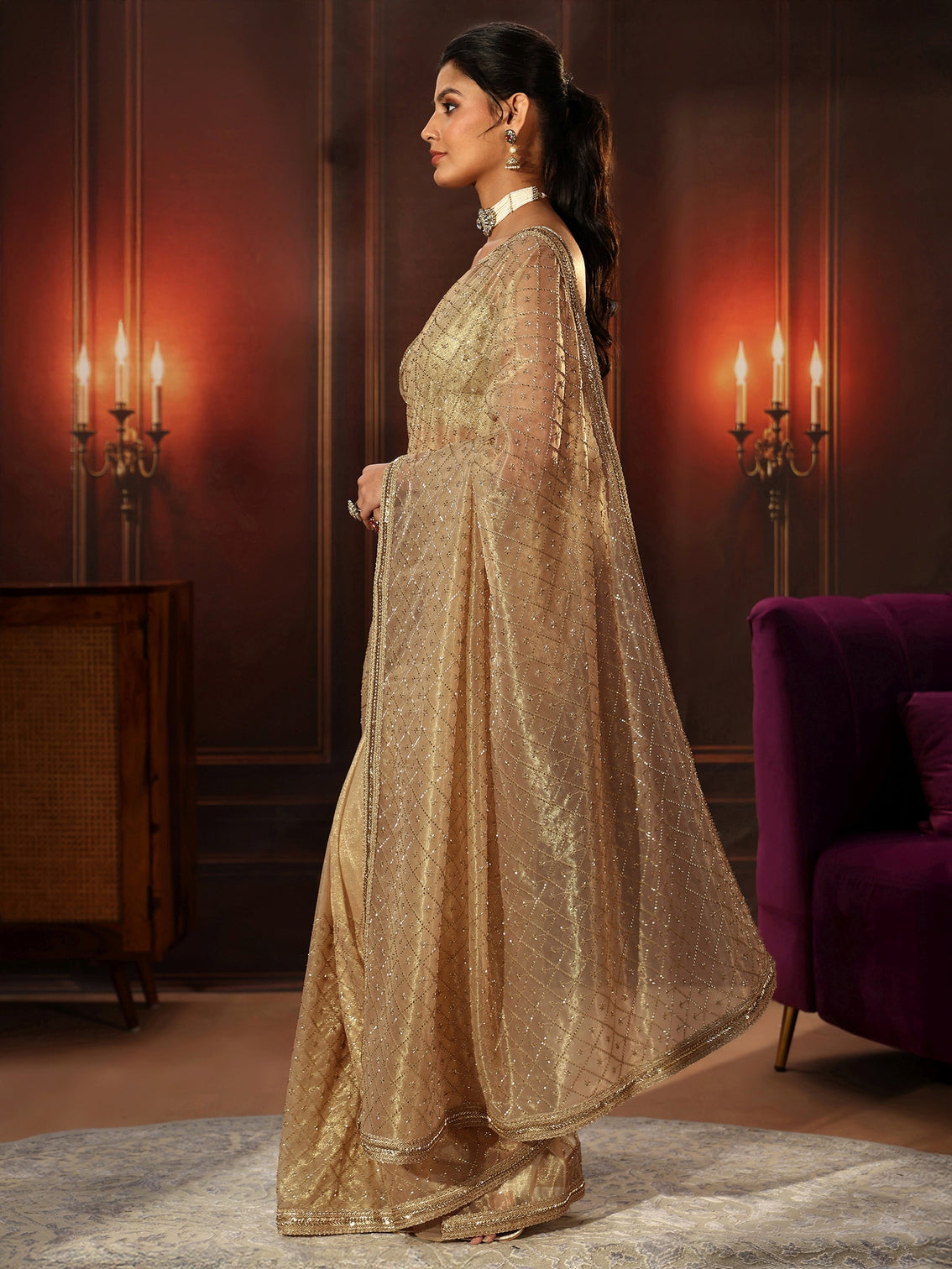 Mameraa Beige Embellished Jaal Work Net Saree