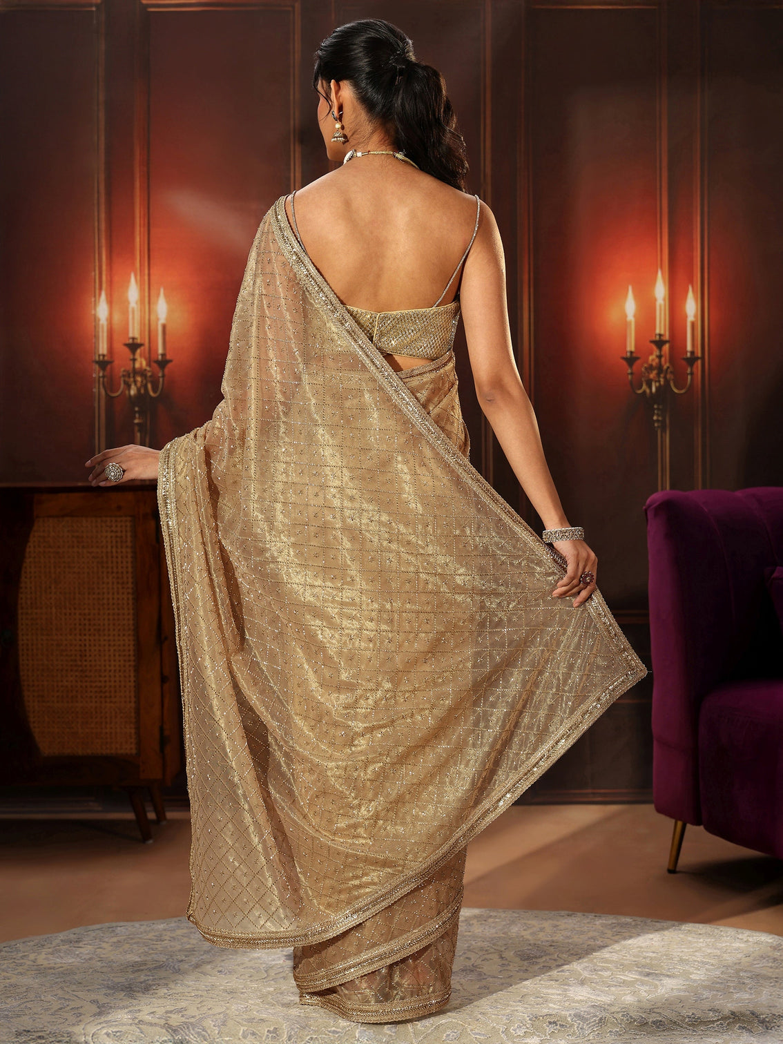 Mameraa Beige Embellished Jaal Work Net Saree