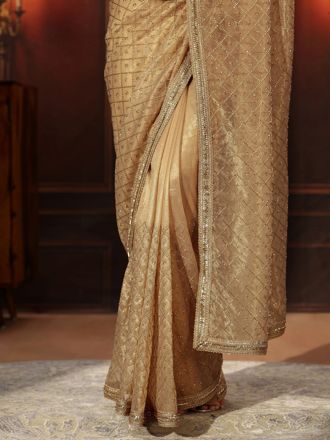 Mameraa Beige Embellished Jaal Work Net Saree