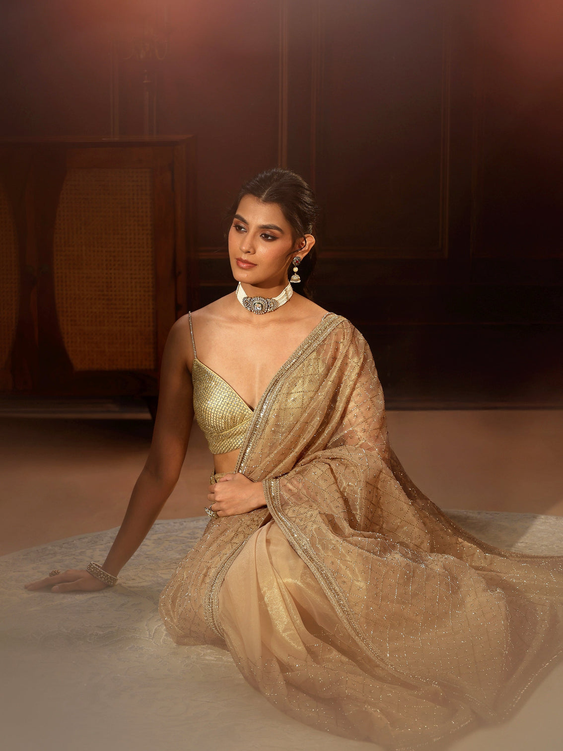 Mameraa Beige Embellished Jaal Work Net Saree