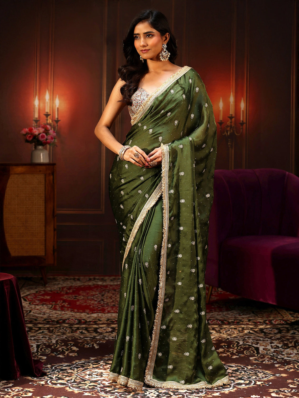 Mameraa Leaf Green Embellished Chinon Saree with Gota Border