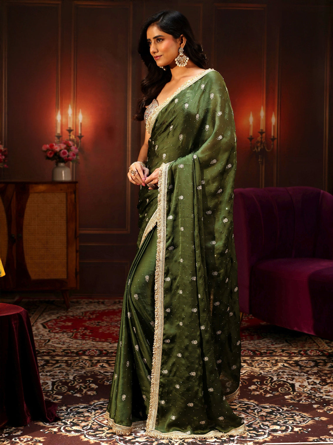 Mameraa Leaf Green Embellished Chinon Saree with Gota Border