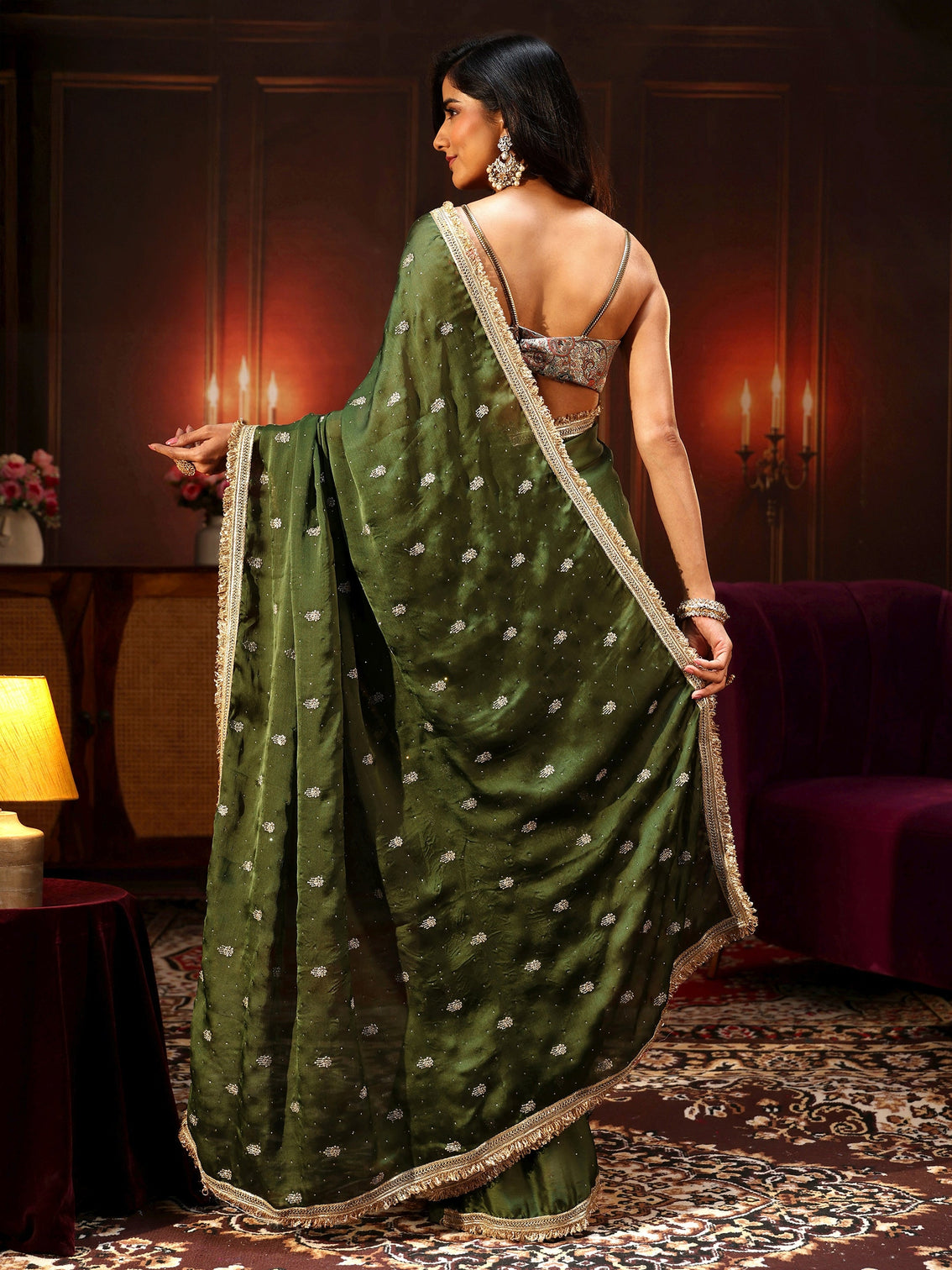 Mameraa Leaf Green Embellished Chinon Saree with Gota Border