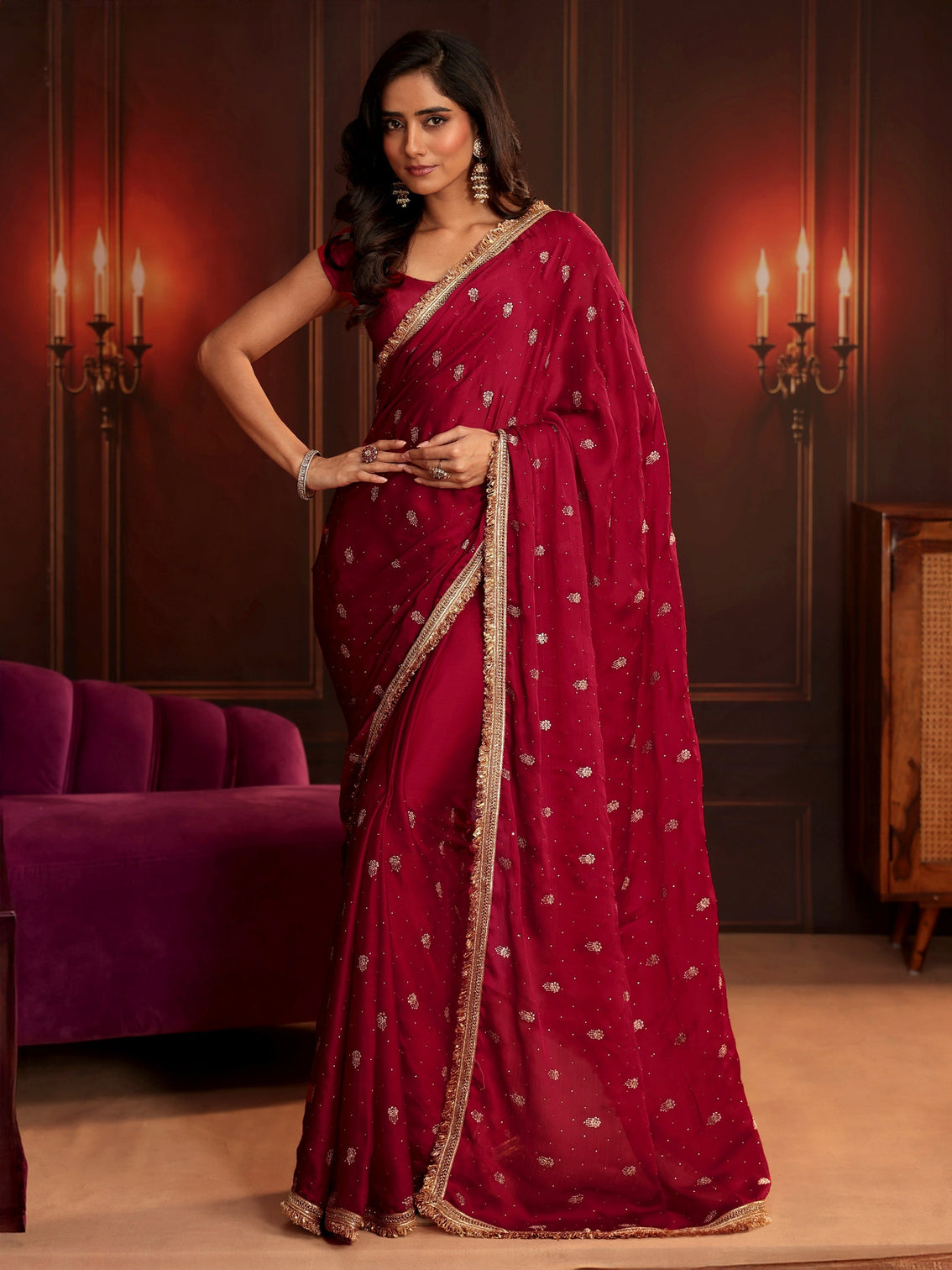Mameraa Ruby Red Embellished Chinon Saree