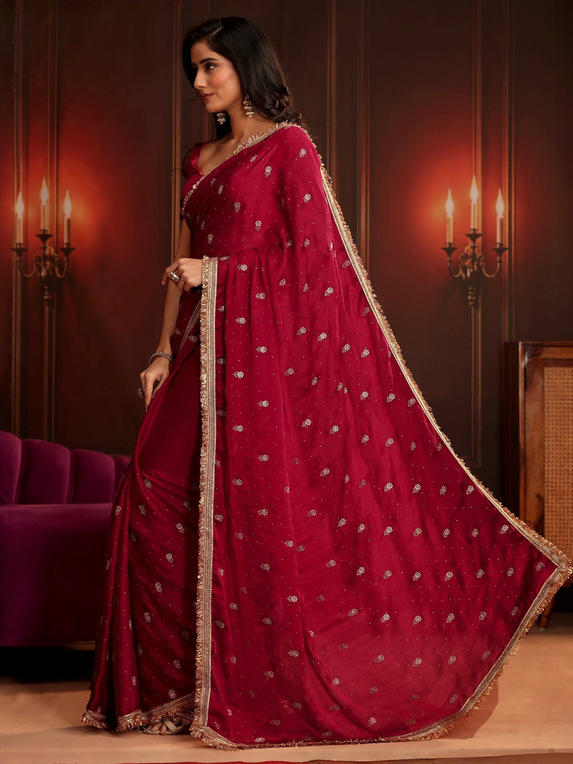Mameraa Ruby Red Embellished Chinon Saree