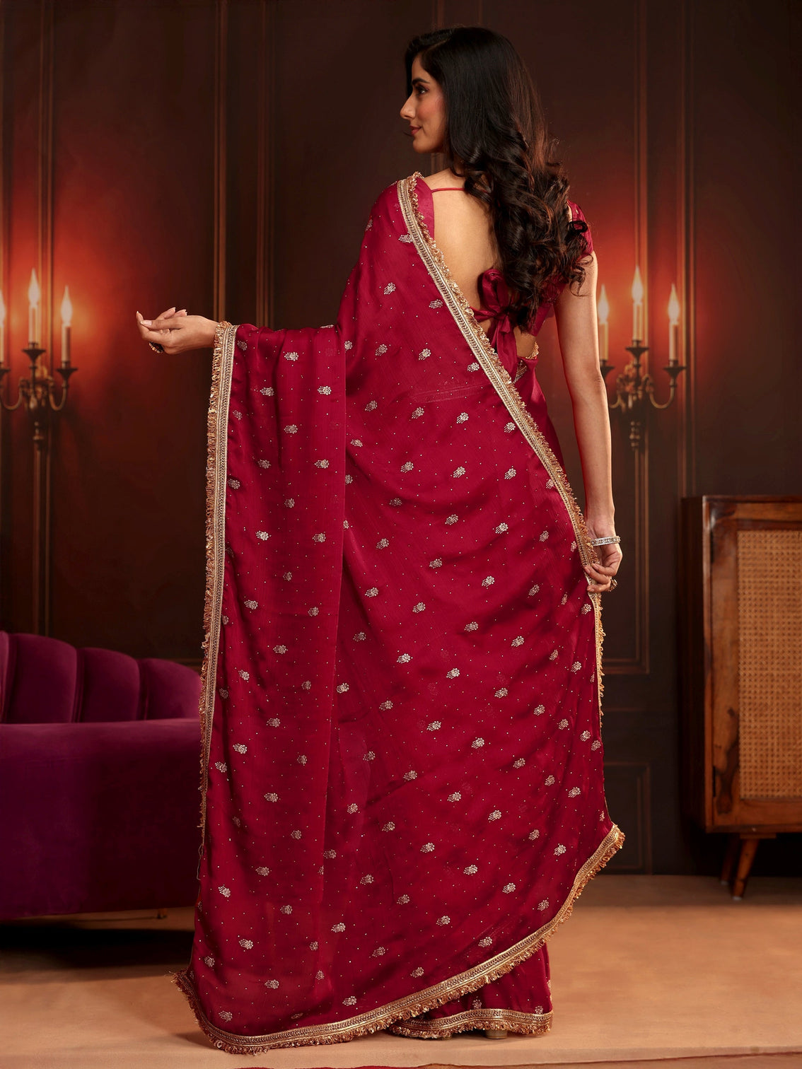 Mameraa Ruby Red Embellished Chinon Saree