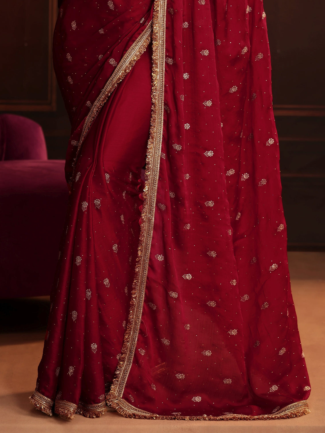 Mameraa Ruby Red Embellished Chinon Saree