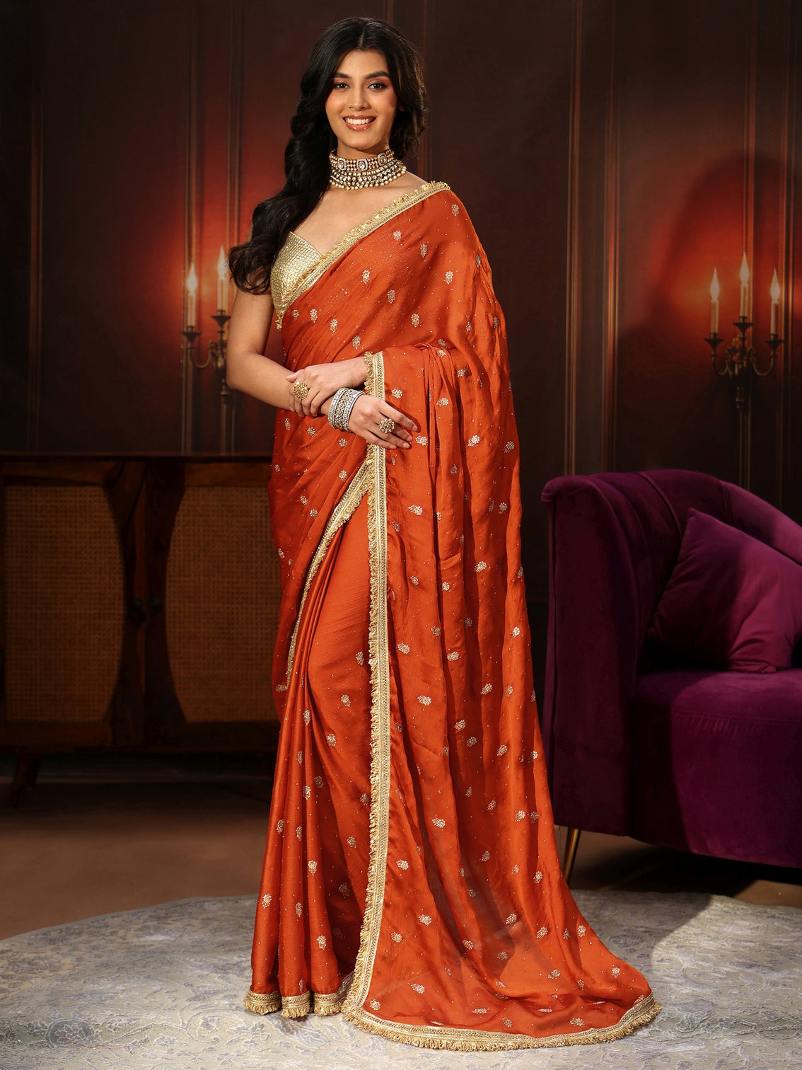 Mameraa Orange Embellished Chinon Saree with Gota Border