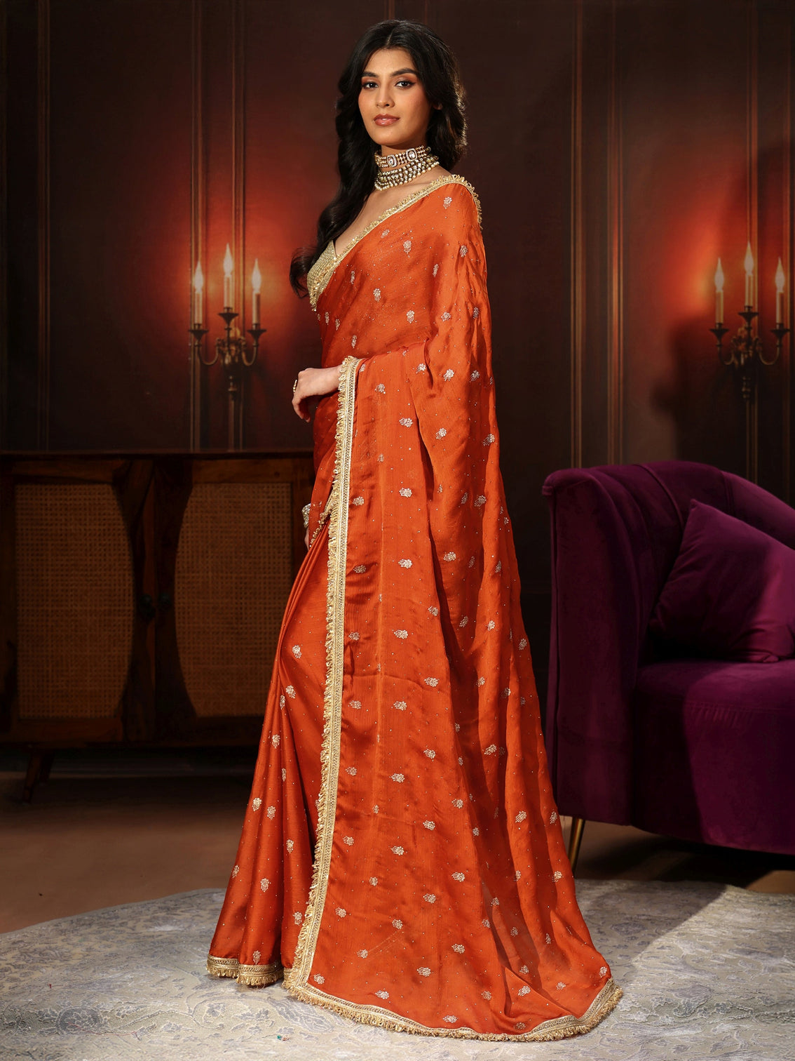 Mameraa Orange Embellished Chinon Saree with Gota Border