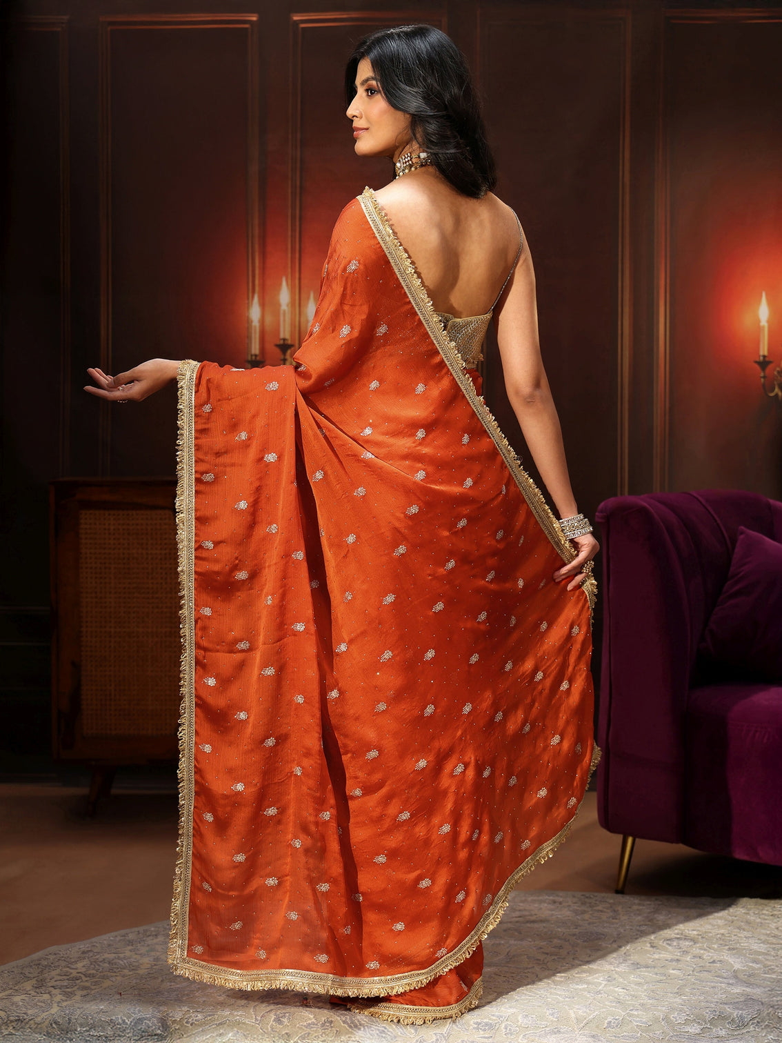 Mameraa Orange Embellished Chinon Saree with Gota Border