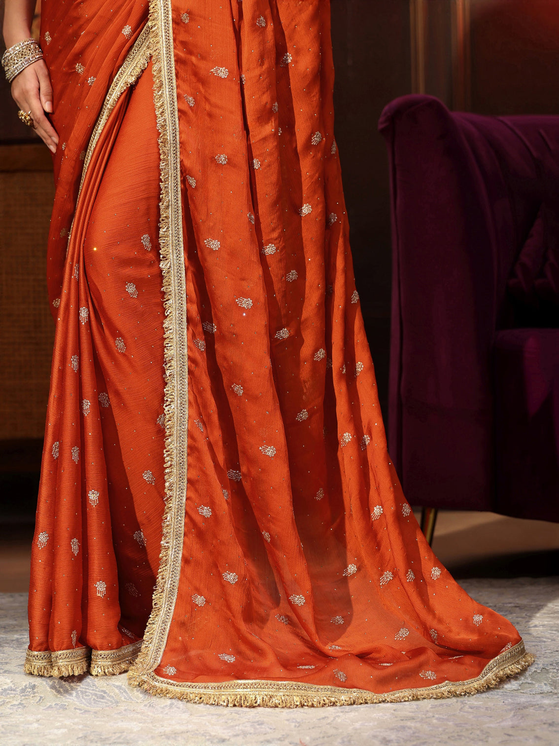 Mameraa Orange Embellished Chinon Saree with Gota Border