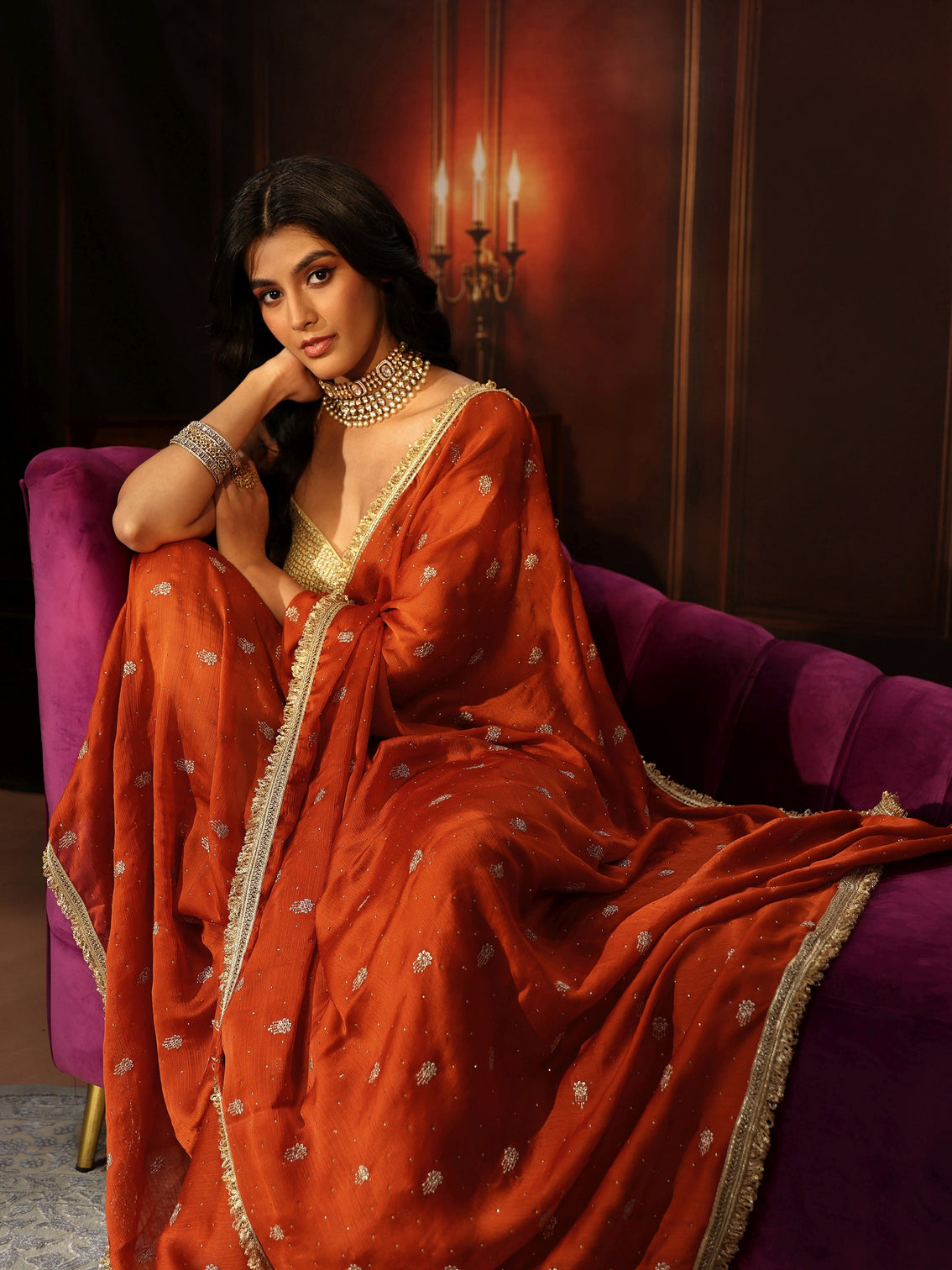 Mameraa Orange Embellished Chinon Saree with Gota Border
