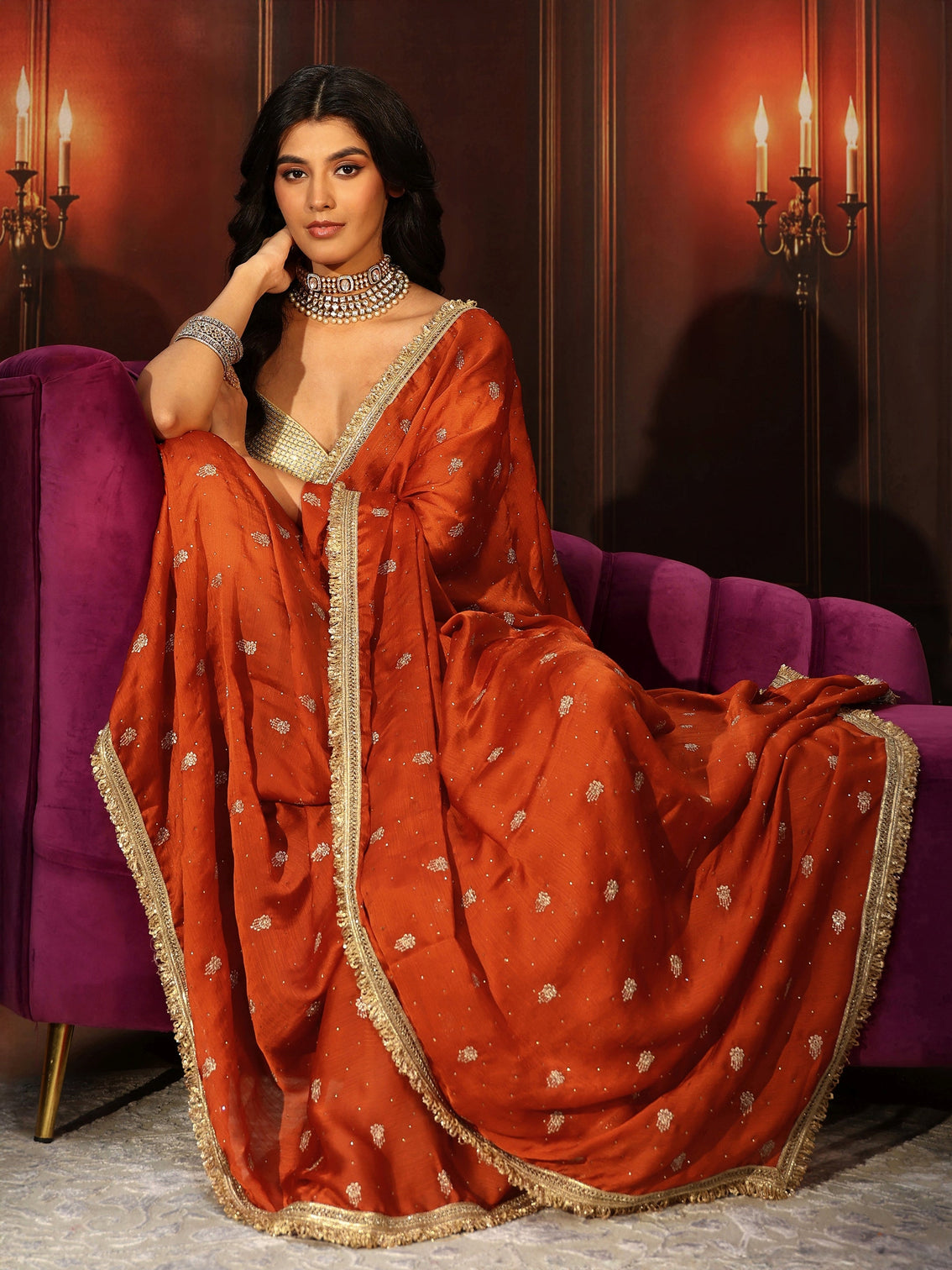 Mameraa Orange Embellished Chinon Saree with Gota Border