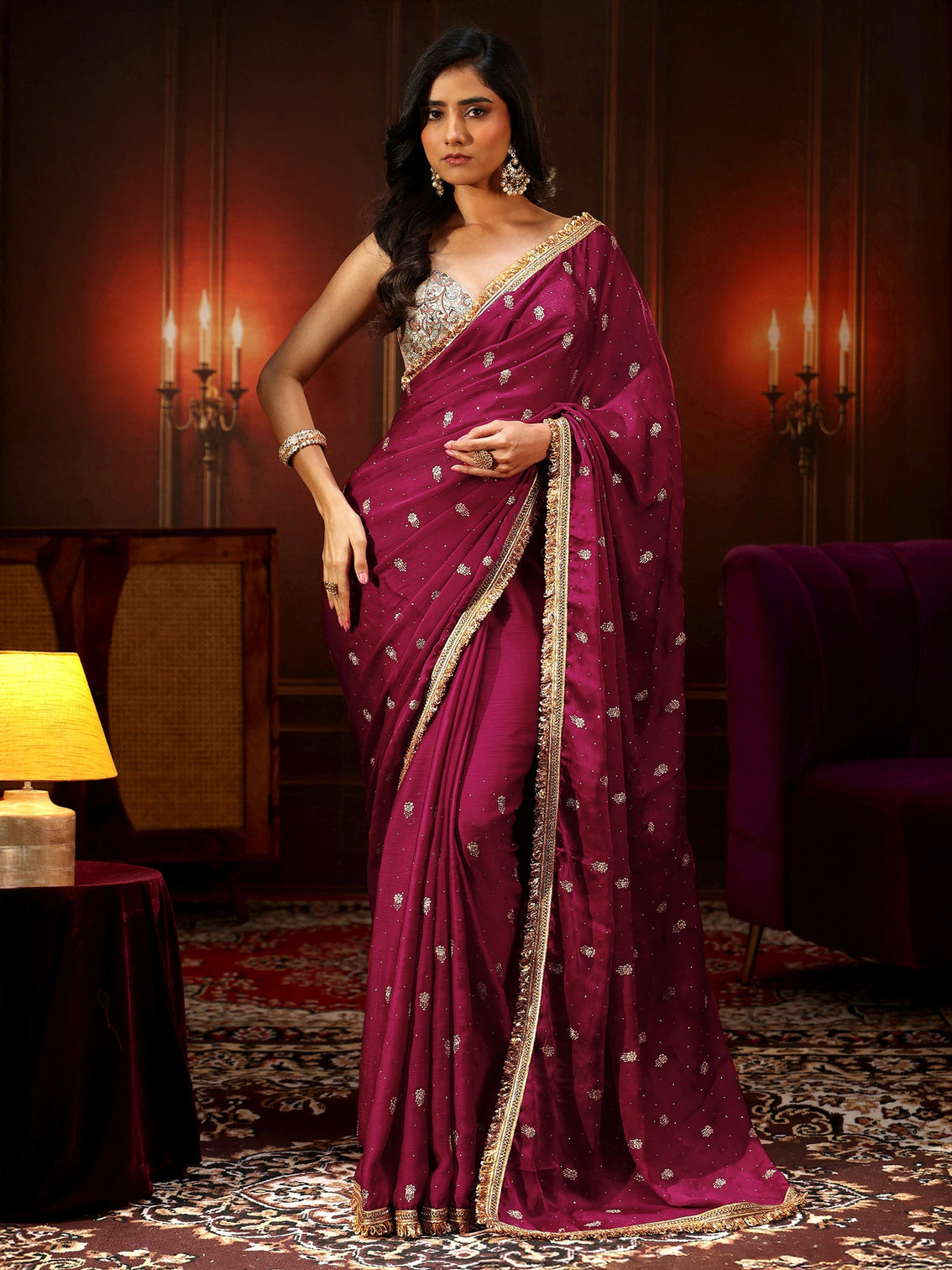 Mameraa Magenta Pink Embellished Chinon Saree with Gota Border