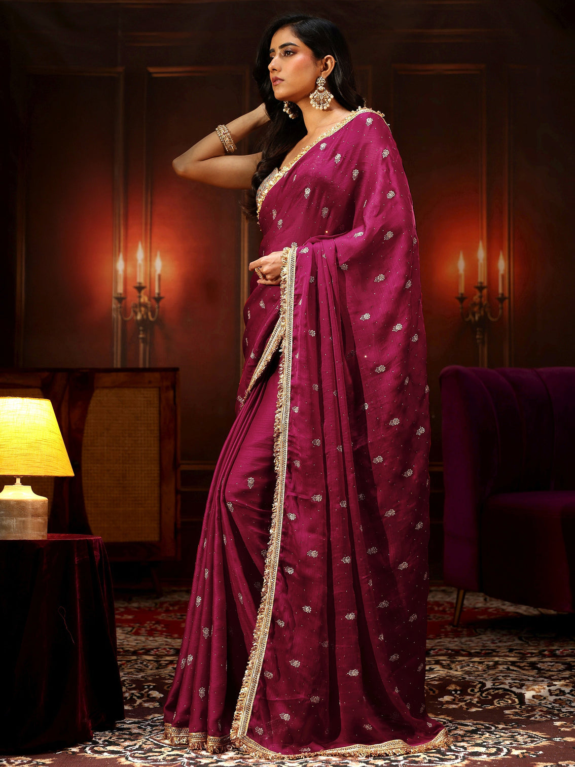 Mameraa Magenta Pink Embellished Chinon Saree with Gota Border