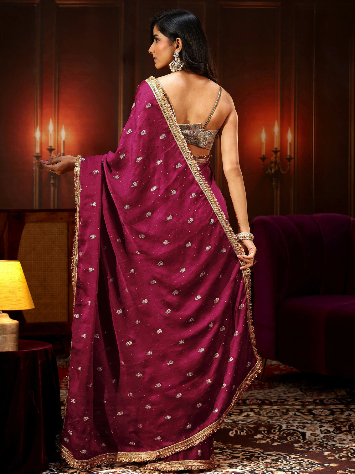 Mameraa Magenta Pink Embellished Chinon Saree with Gota Border