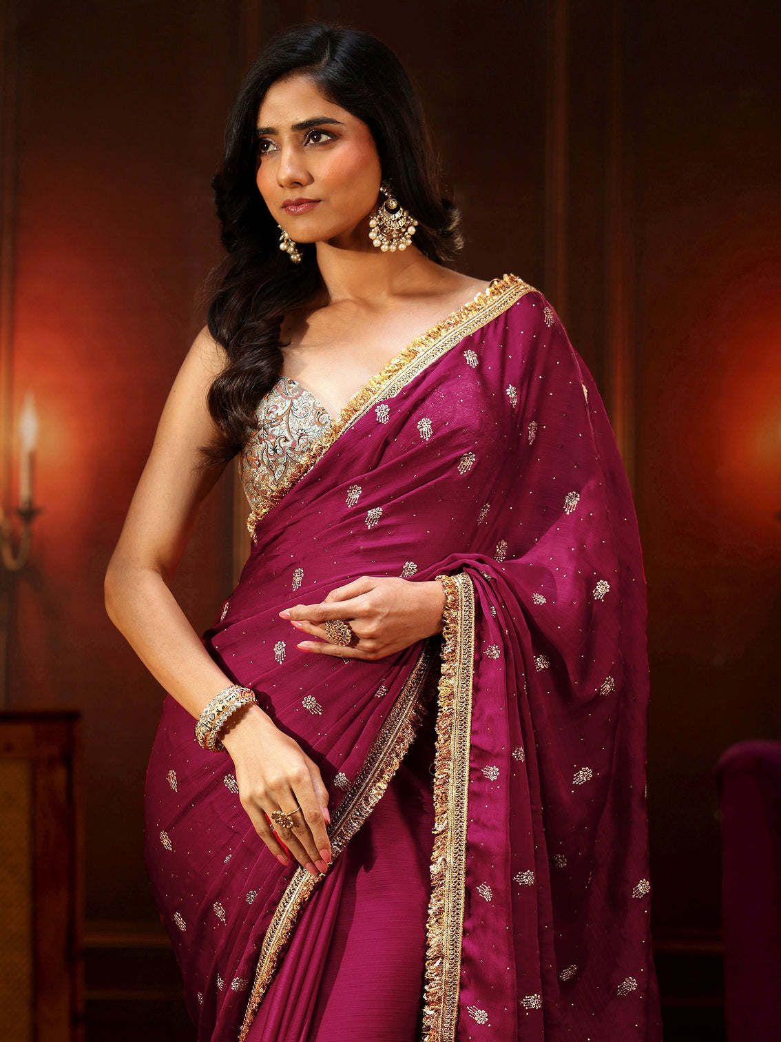 Mameraa Magenta Pink Embellished Chinon Saree with Gota Border