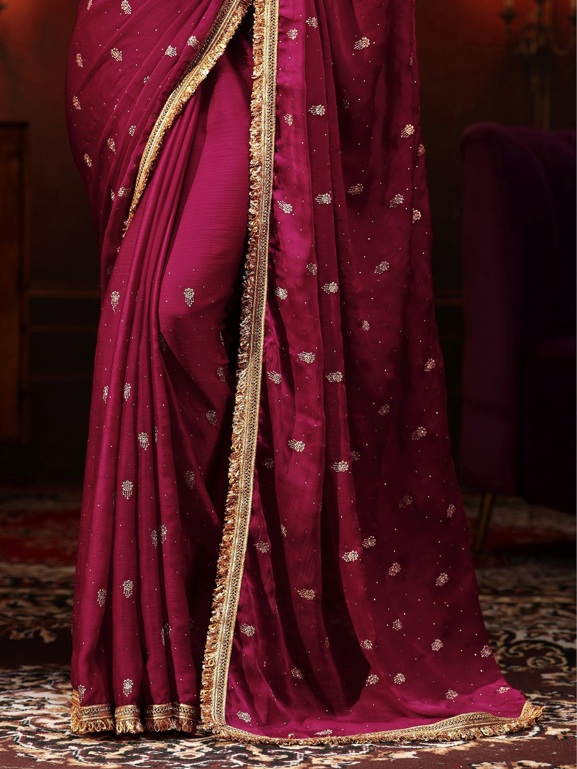 Mameraa Magenta Pink Embellished Chinon Saree with Gota Border