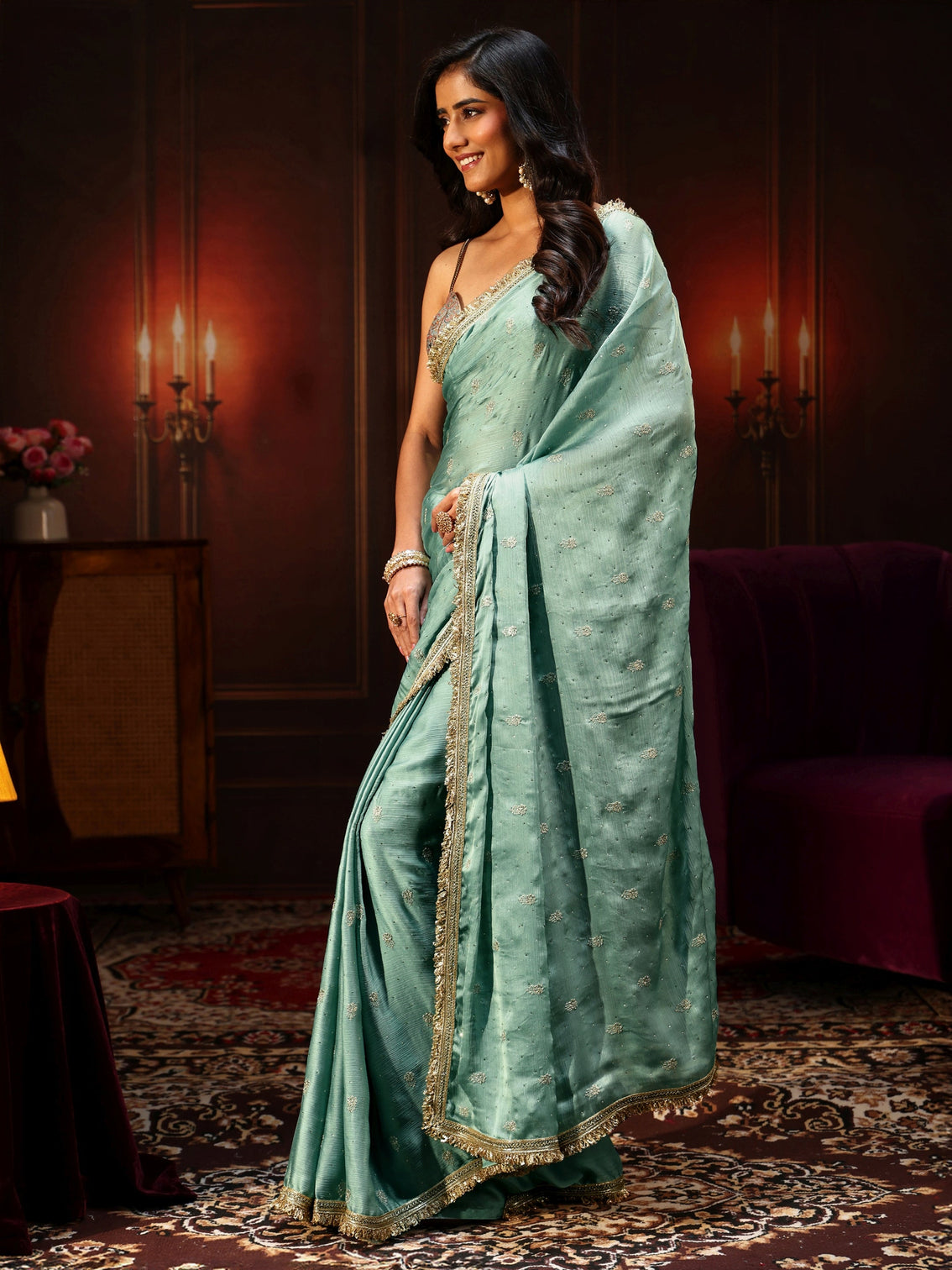 Mameraa Sea Blue Embellished Chinon Saree with Gota Border