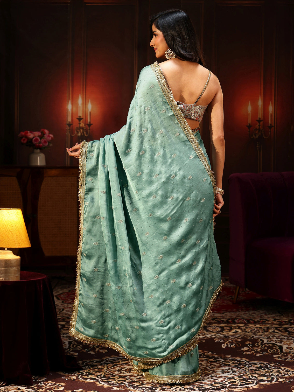 Mameraa Sea Blue Embellished Chinon Saree with Gota Border