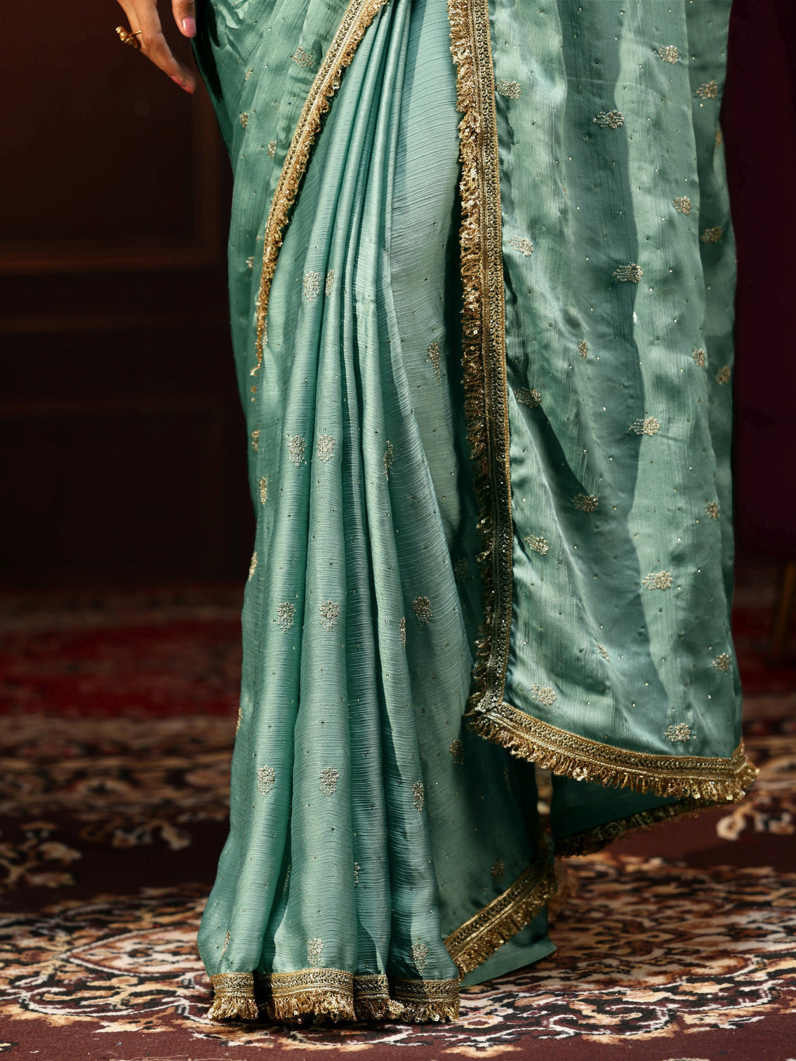 Mameraa Sea Blue Embellished Chinon Saree with Gota Border