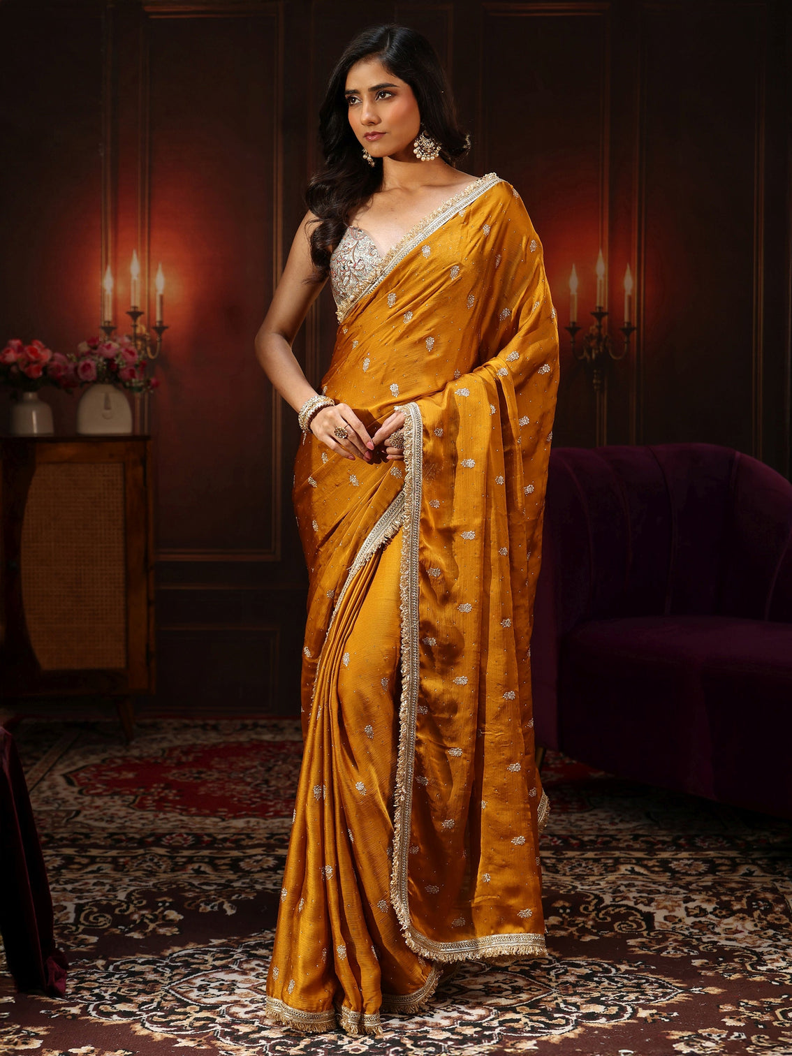 Mameraa Mustard Embellished Chinon Saree with Gota Border