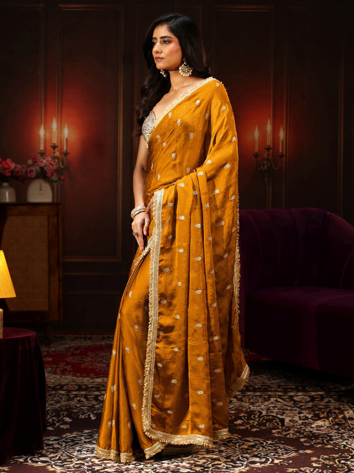 Mameraa Mustard Embellished Chinon Saree with Gota Border