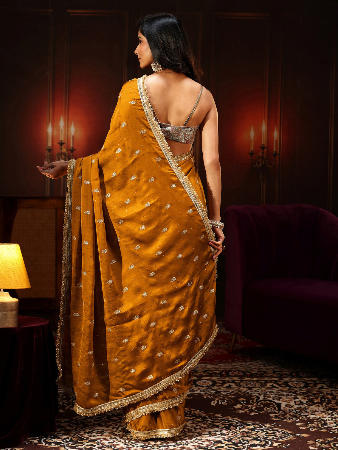 Mameraa Mustard Embellished Chinon Saree with Gota Border