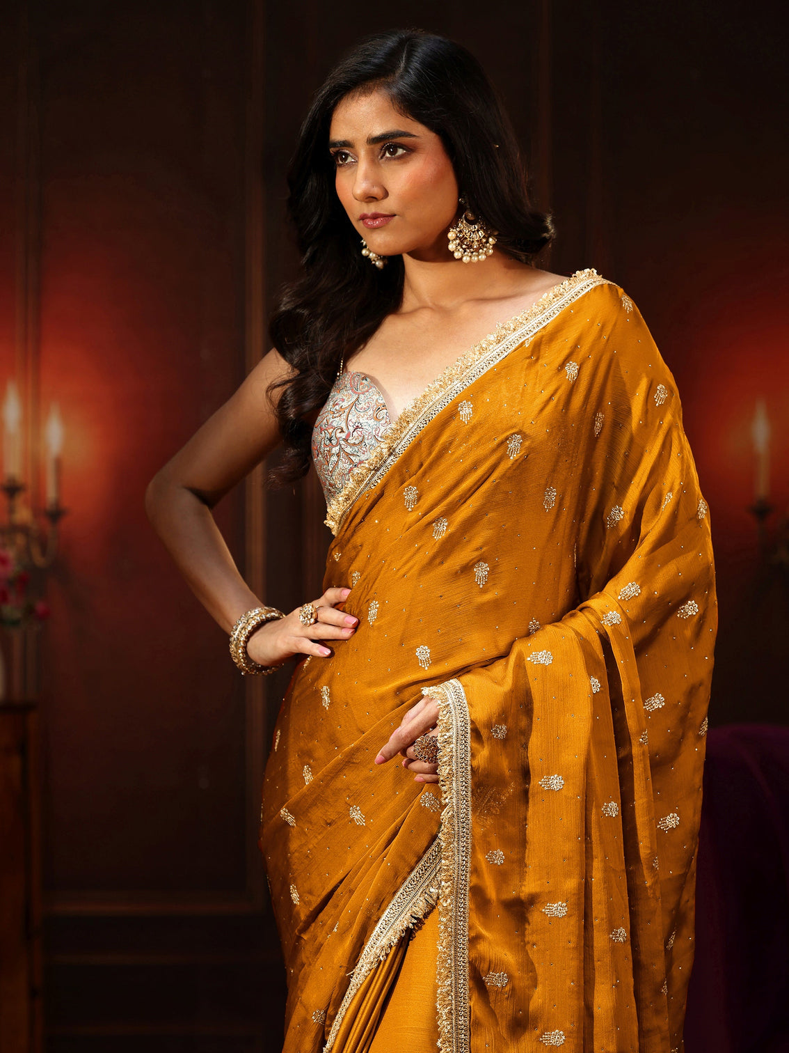 Mameraa Mustard Embellished Chinon Saree with Gota Border