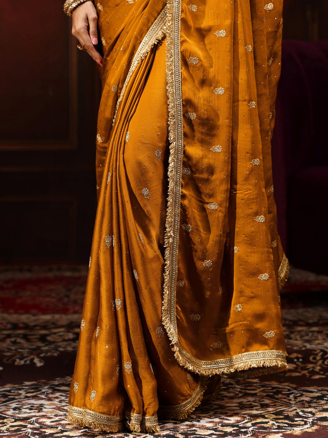 Mameraa Mustard Embellished Chinon Saree with Gota Border
