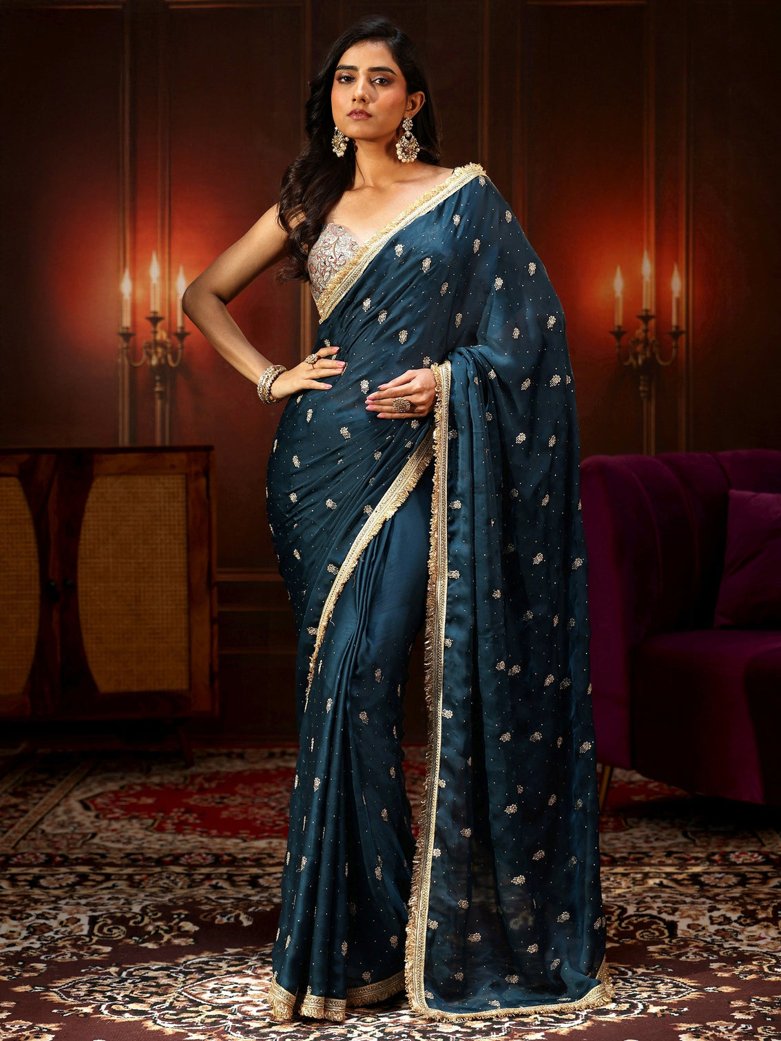 Mameraa Midnight Blue Embellished Chinon Saree with Gota Border