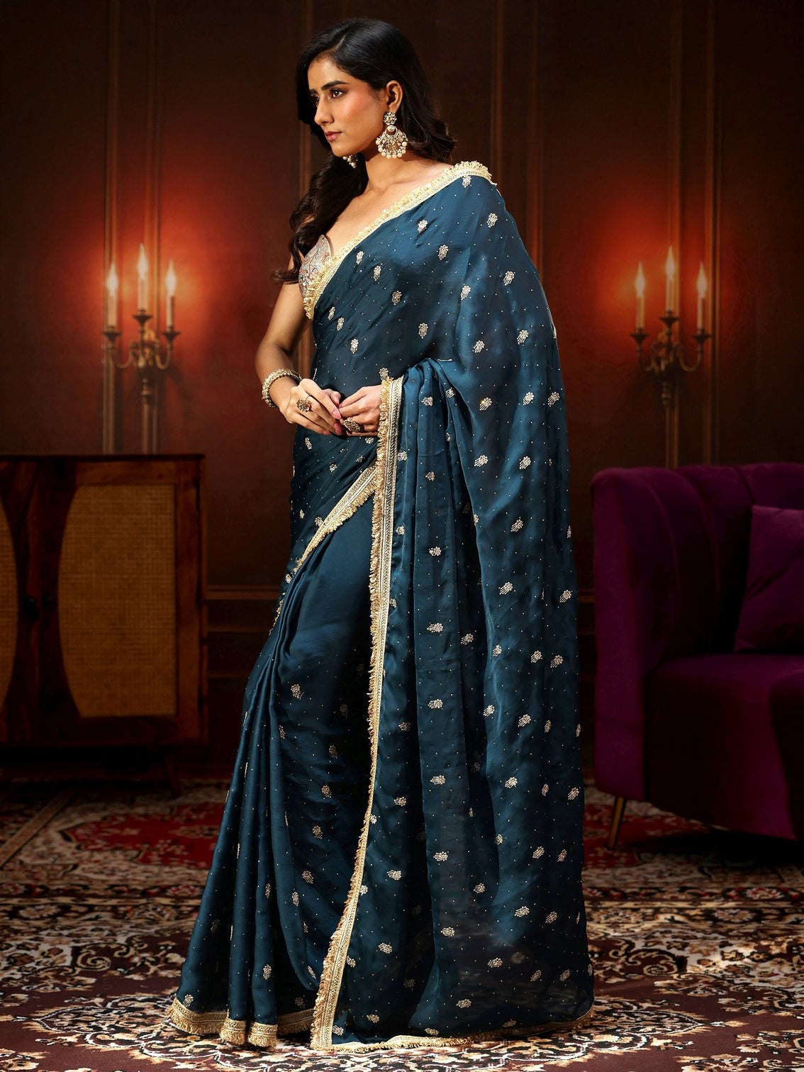 Mameraa Midnight Blue Embellished Chinon Saree with Gota Border