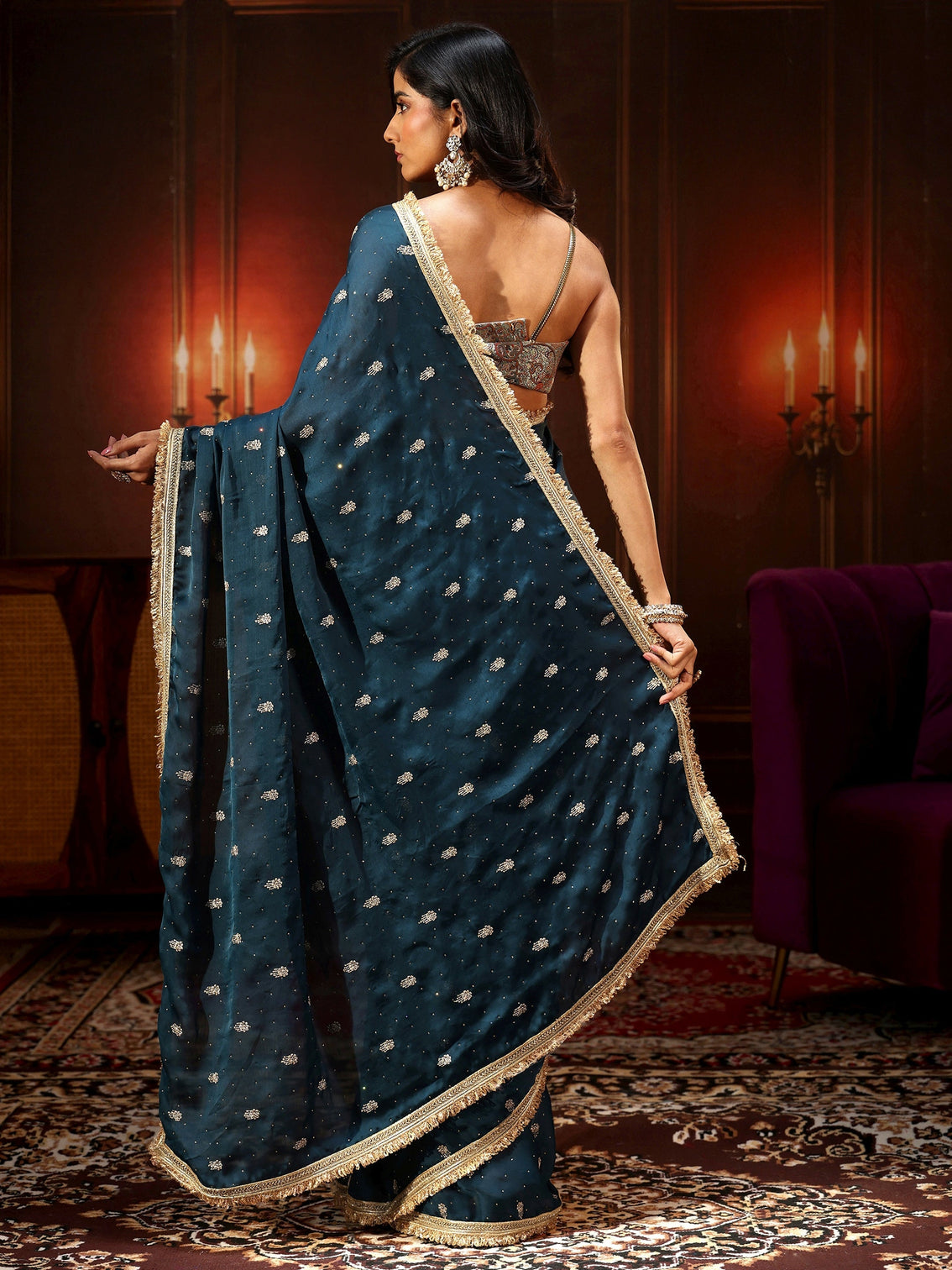 Mameraa Midnight Blue Embellished Chinon Saree with Gota Border