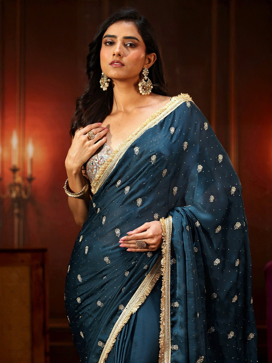 Mameraa Midnight Blue Embellished Chinon Saree with Gota Border