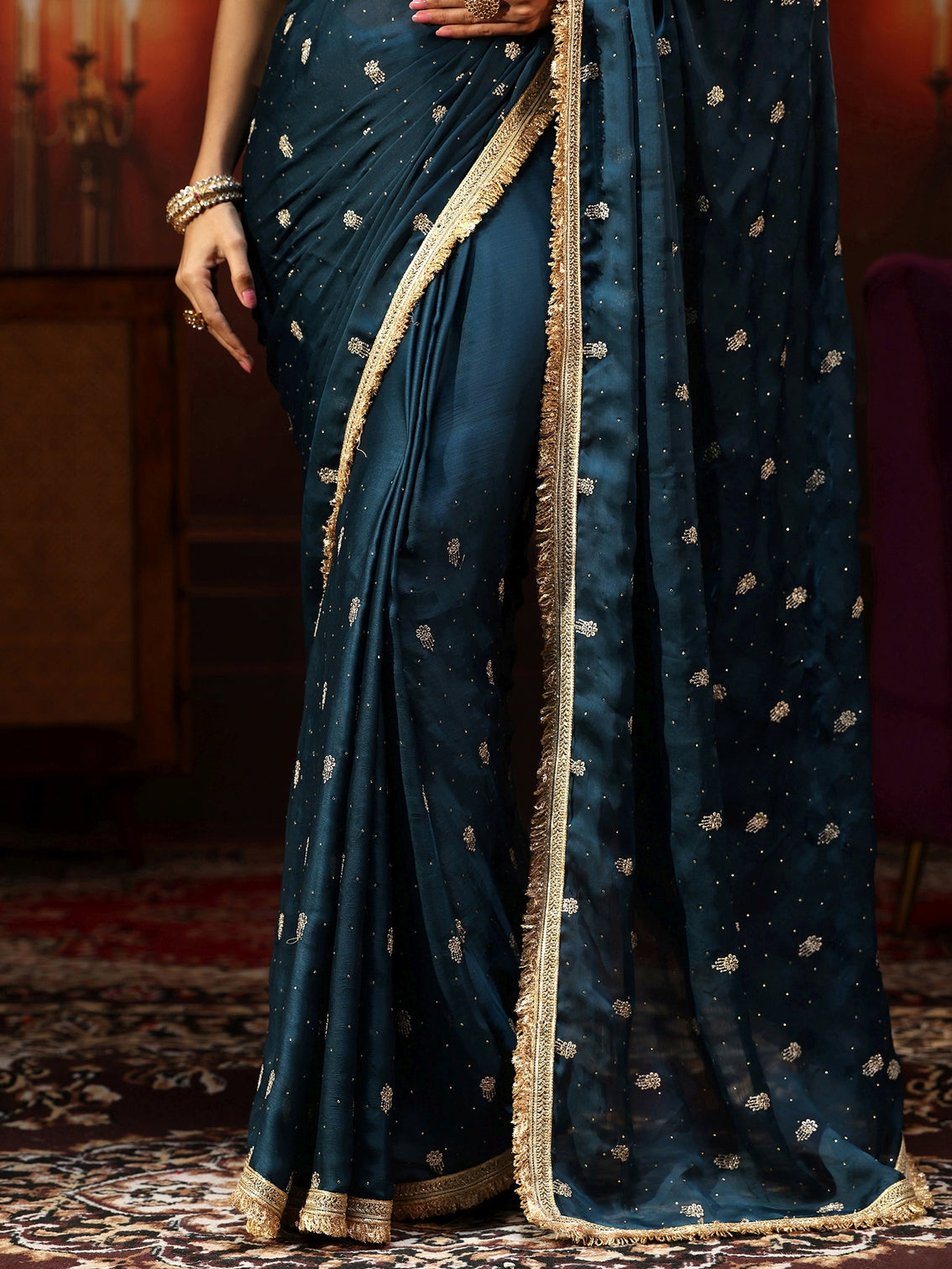 Mameraa Midnight Blue Embellished Chinon Saree with Gota Border