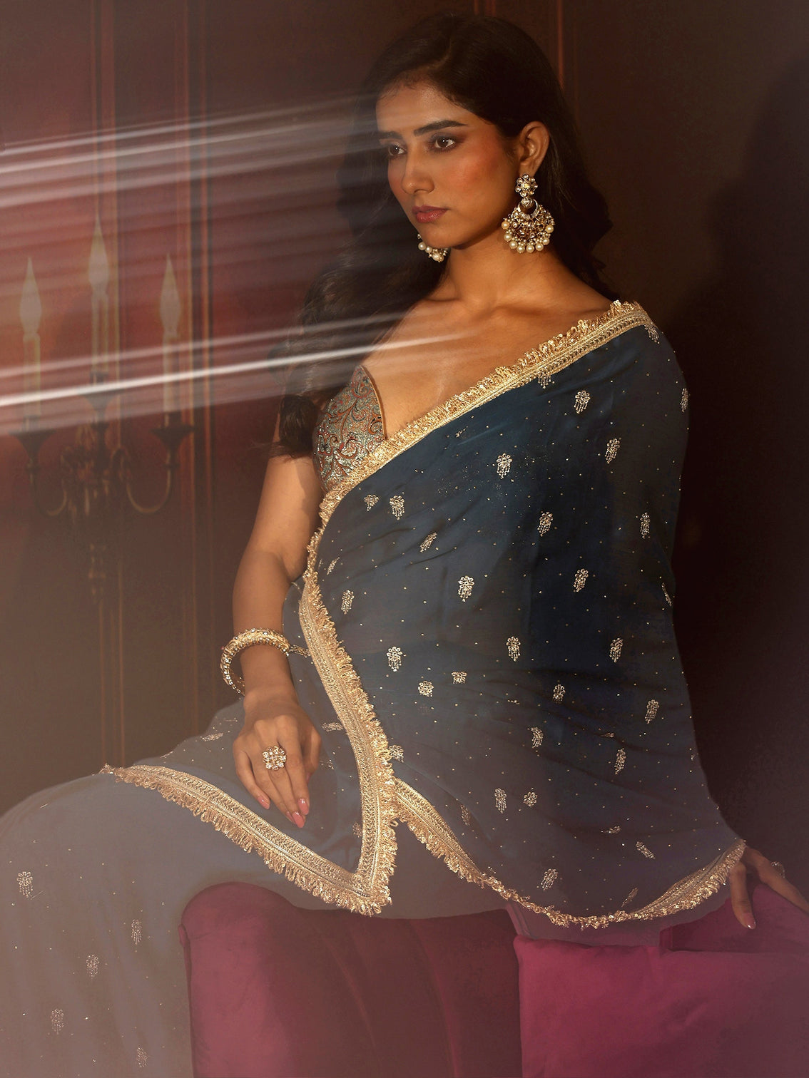 Mameraa Midnight Blue Embellished Chinon Saree with Gota Border