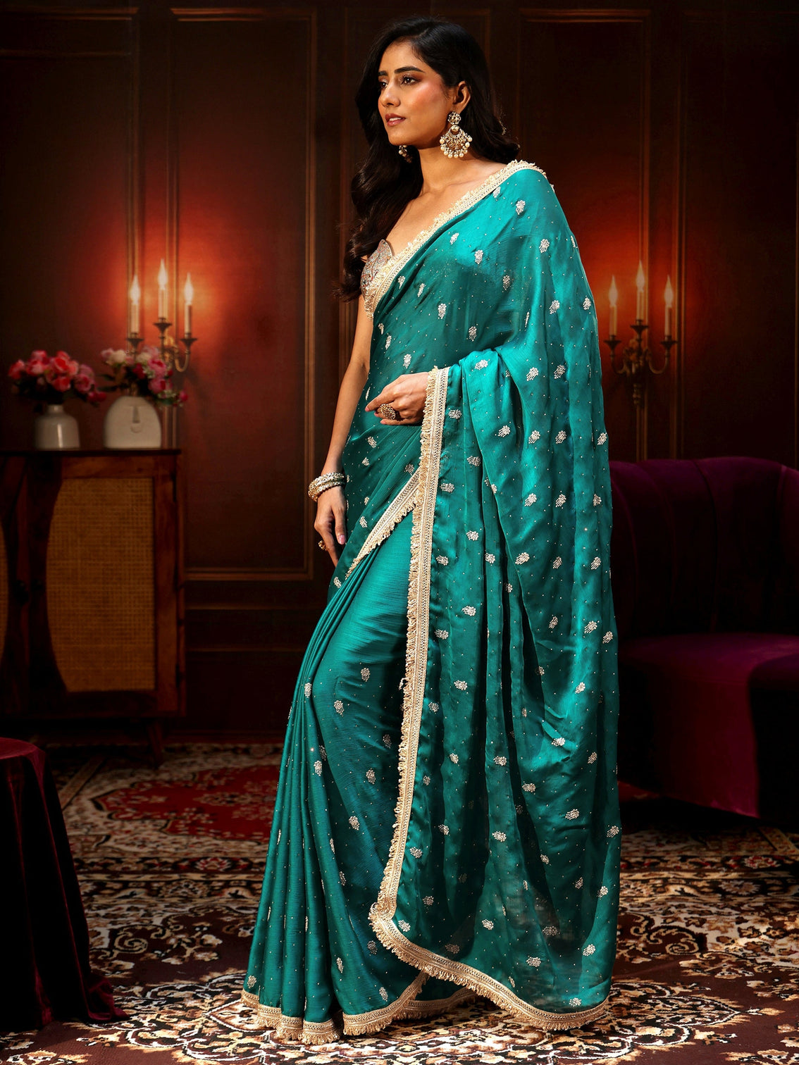 Mameraa Cerulean Blue Embellished Chinon Saree with Gota Border