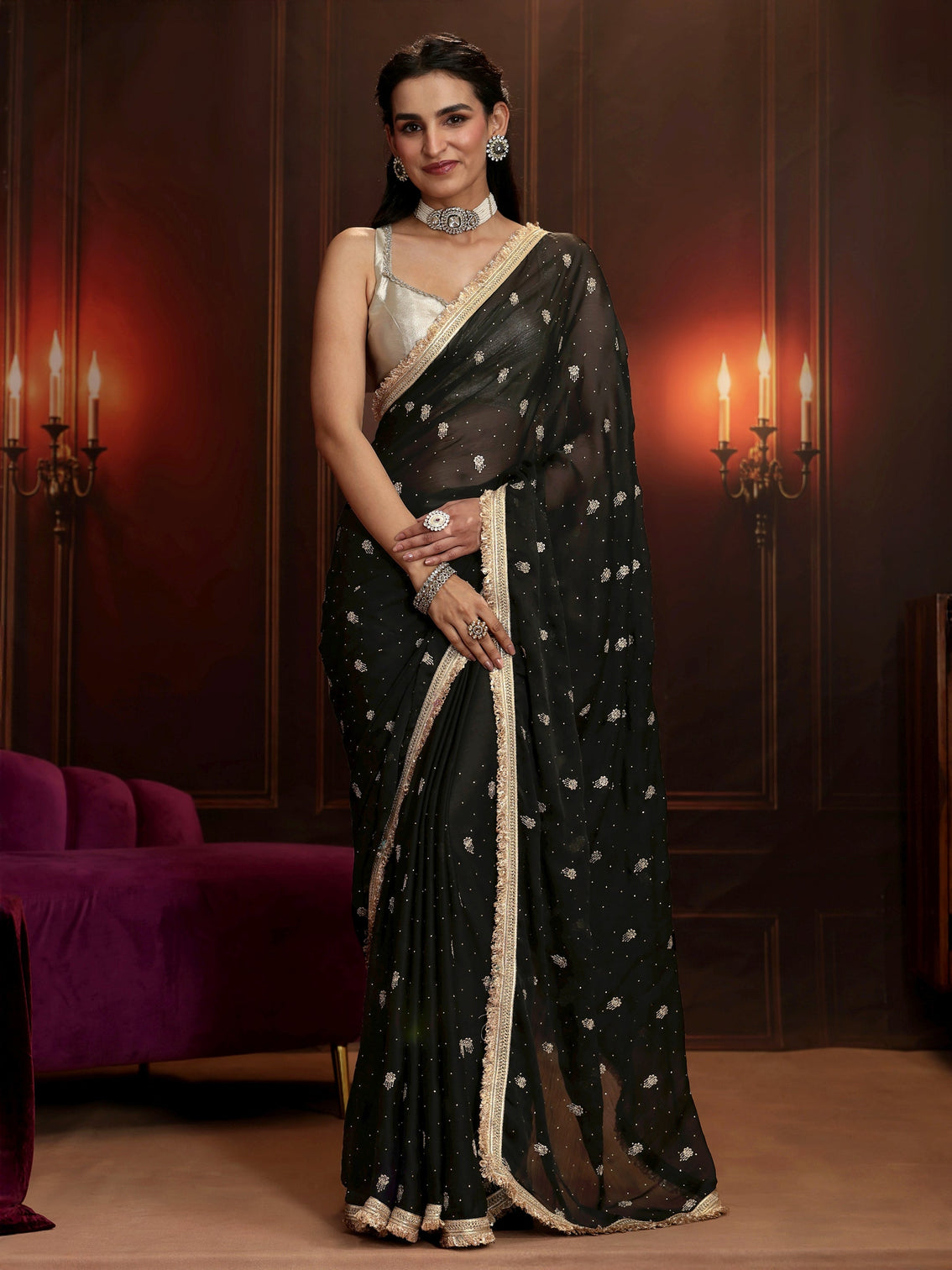 Mameraa Black Embellished Satin Saree