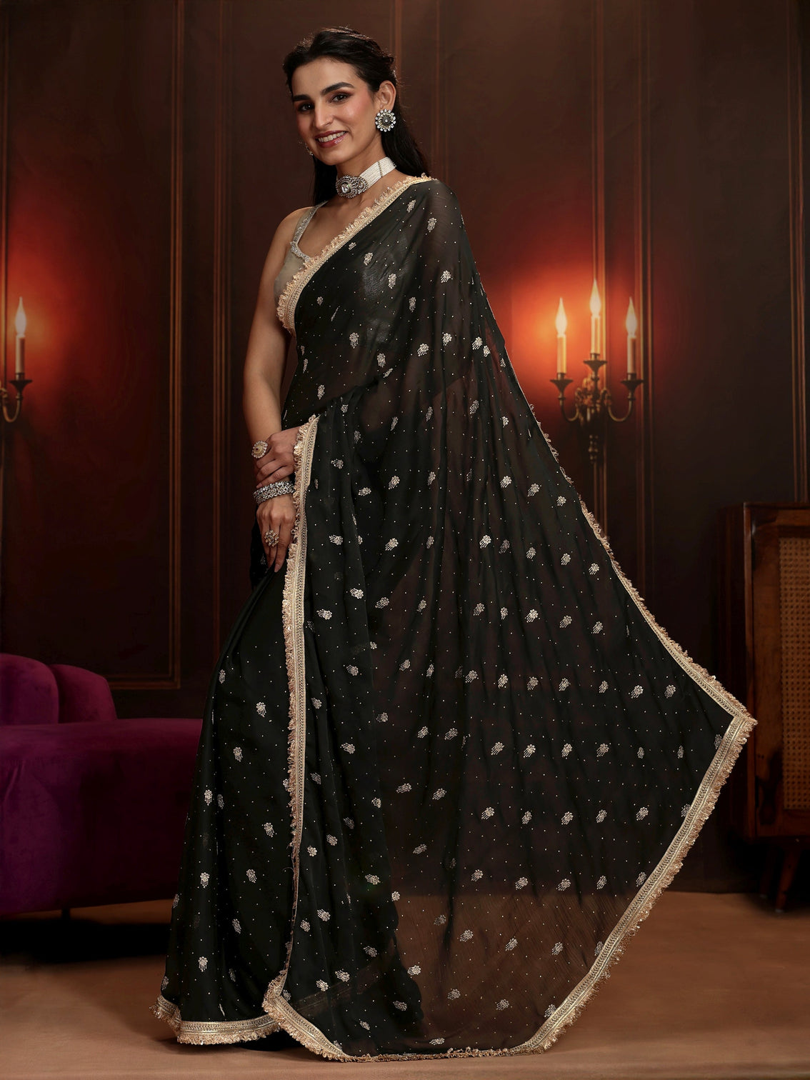Mameraa Black Embellished Satin Saree