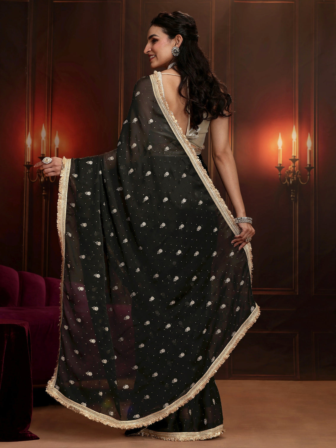 Mameraa Black Embellished Satin Saree