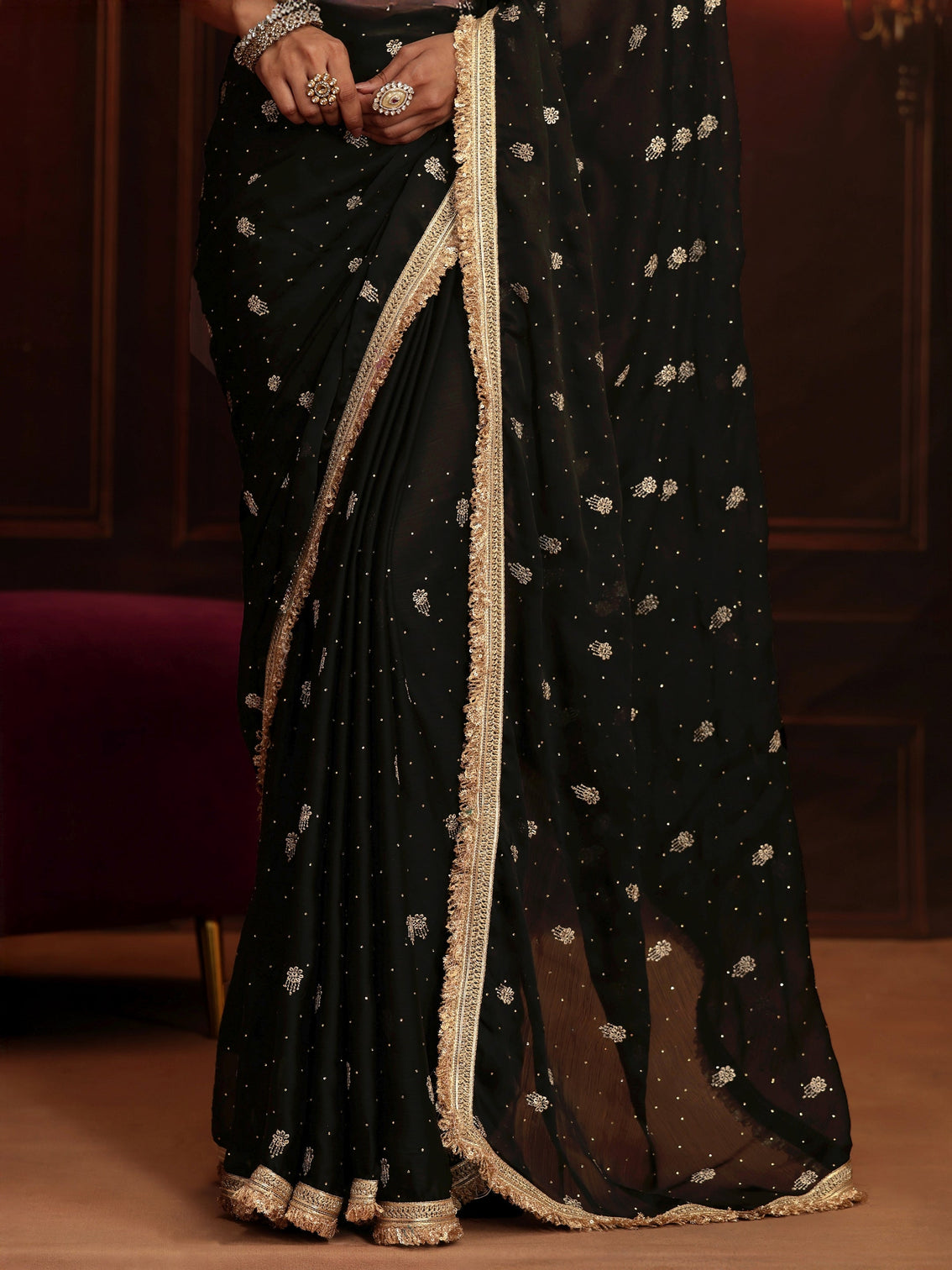 Mameraa Black Embellished Satin Saree
