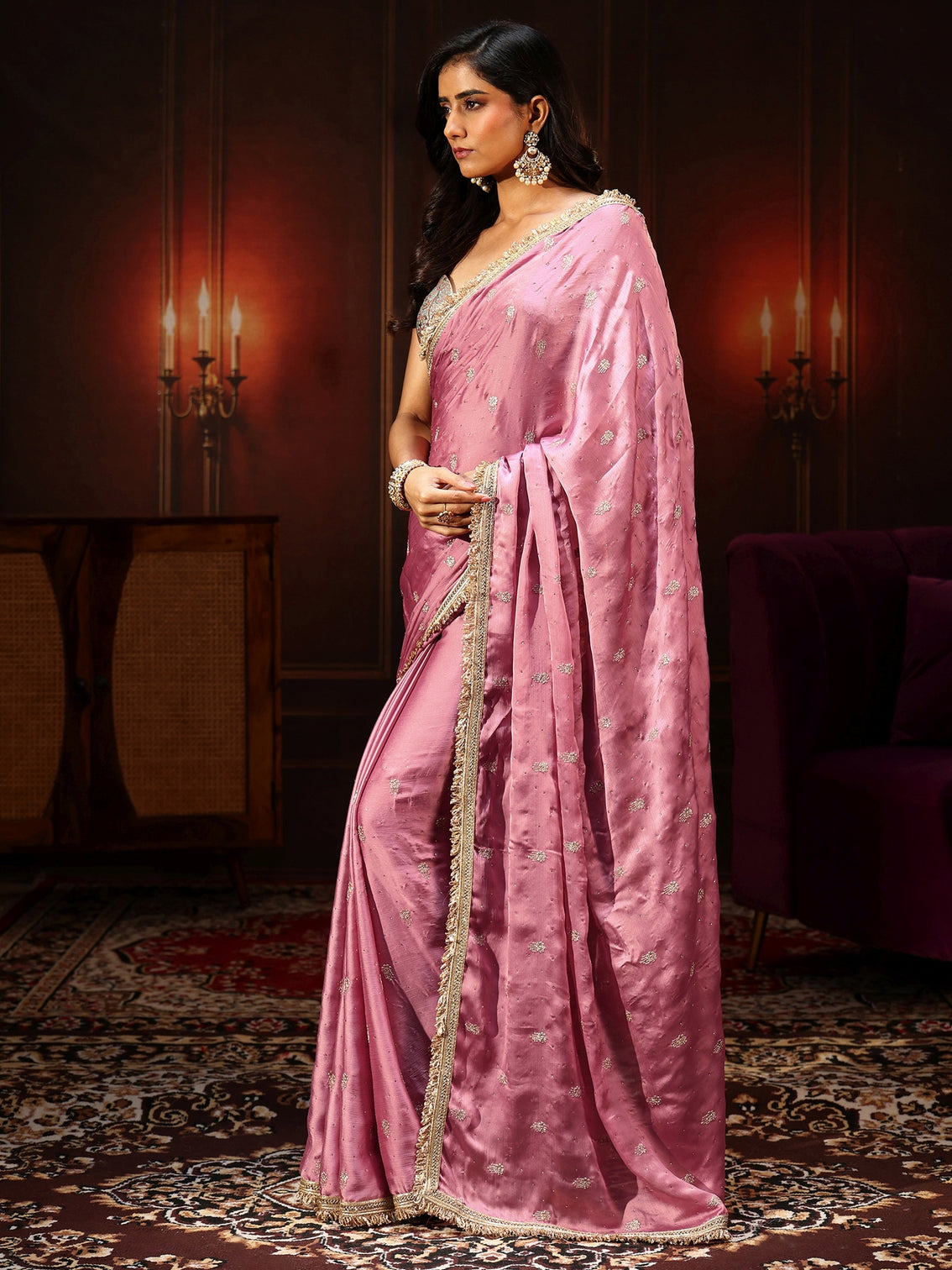Mameraa Bubblegum Pink Embellished Chinon Saree with Gota Border