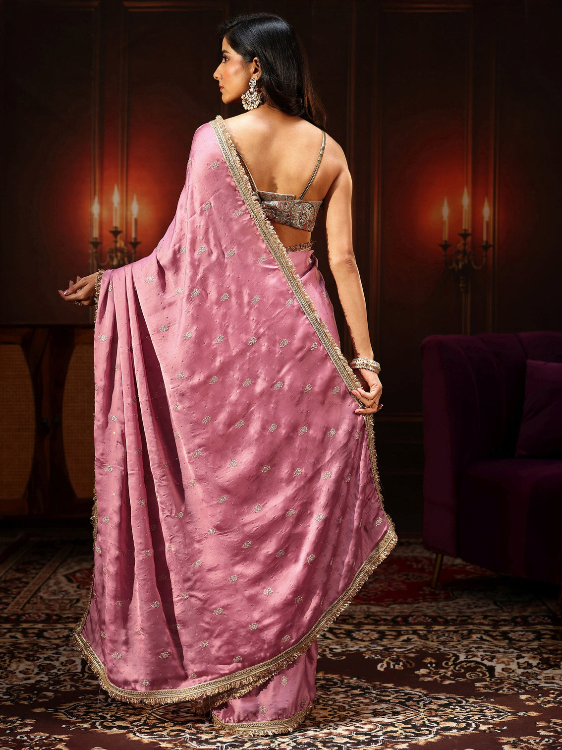 Mameraa Bubblegum Pink Embellished Chinon Saree with Gota Border