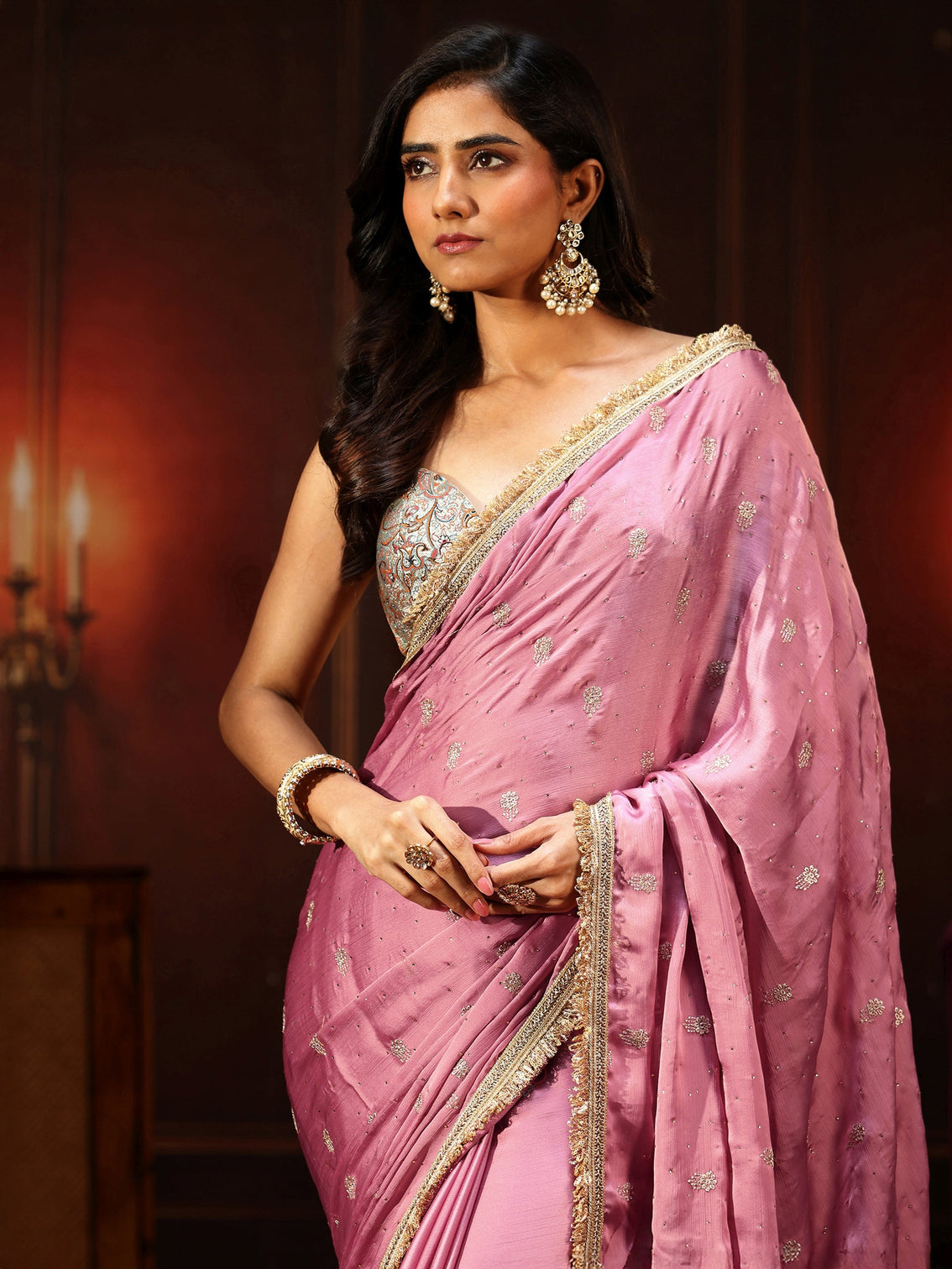 Mameraa Bubblegum Pink Embellished Chinon Saree with Gota Border