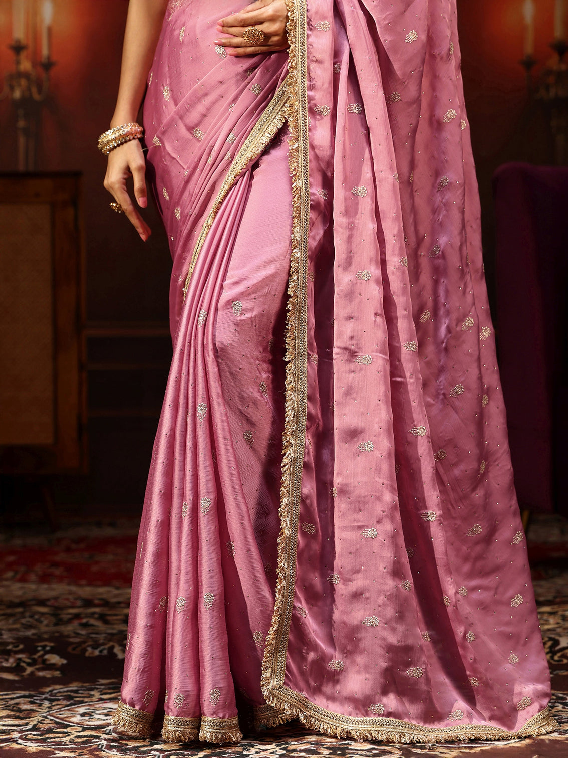 Mameraa Bubblegum Pink Embellished Chinon Saree with Gota Border