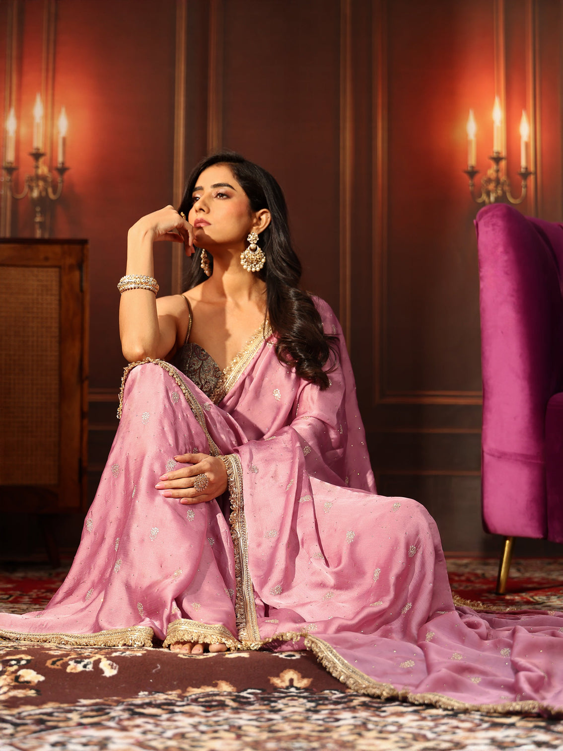 Mameraa Bubblegum Pink Embellished Chinon Saree with Gota Border - Mameraa
