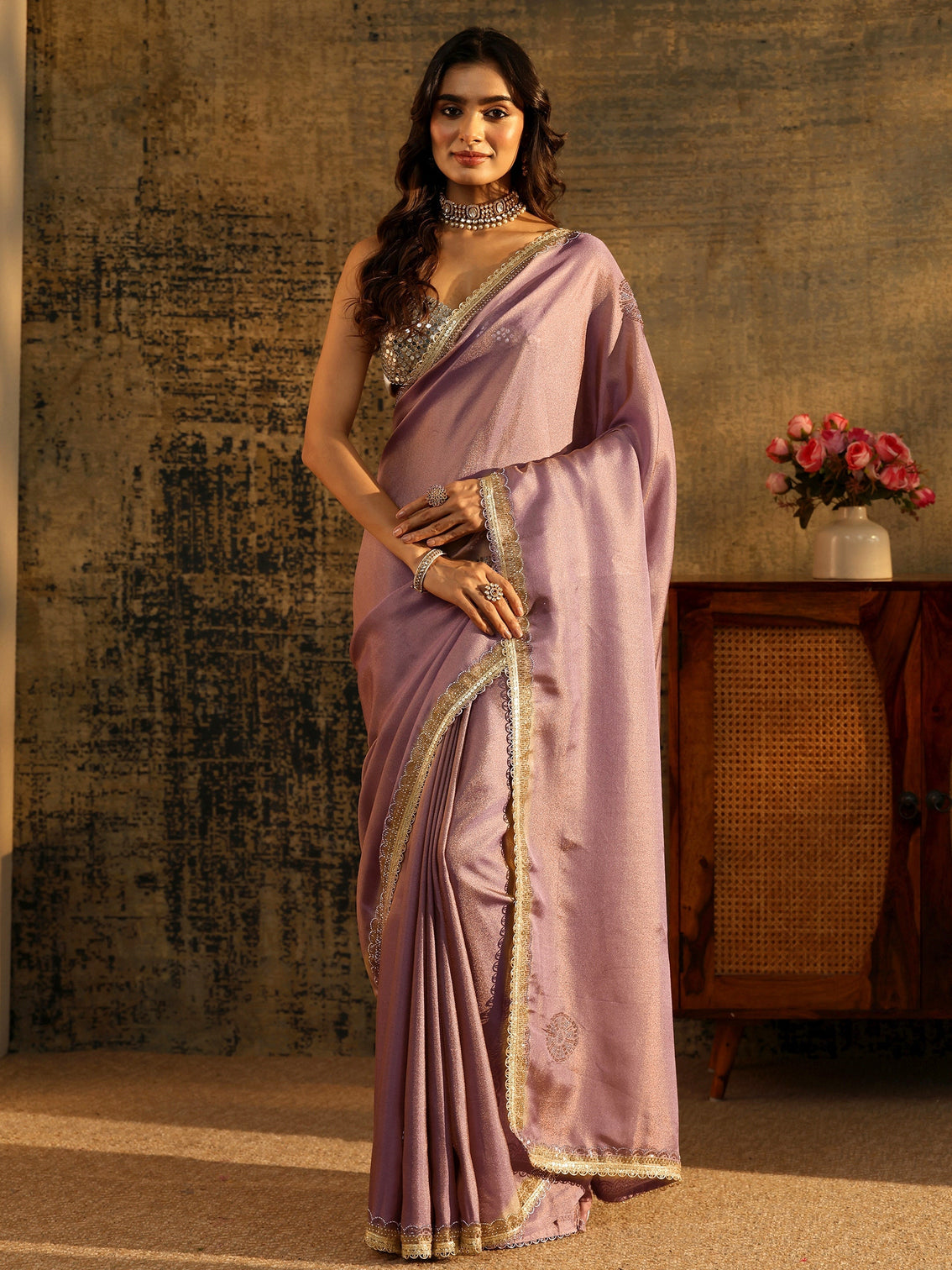 Mameraa Lavender Embellished Tissue Saree with Gota Border