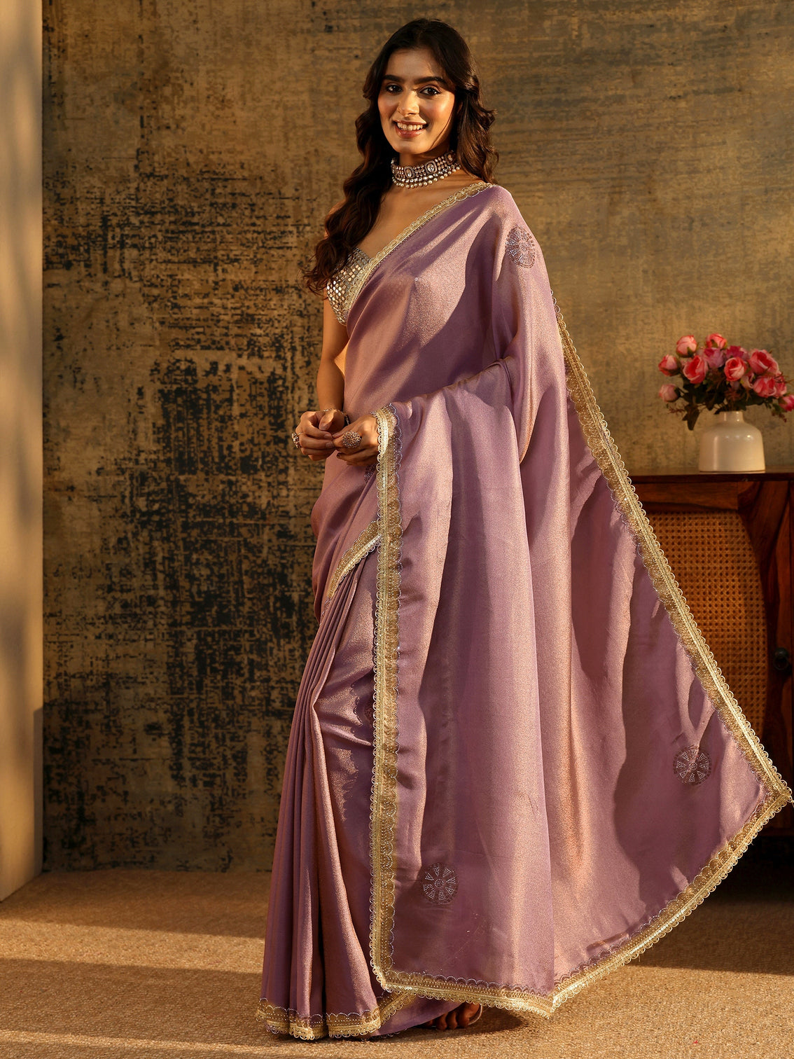 Mameraa Lavender Embellished Tissue Saree with Gota Border