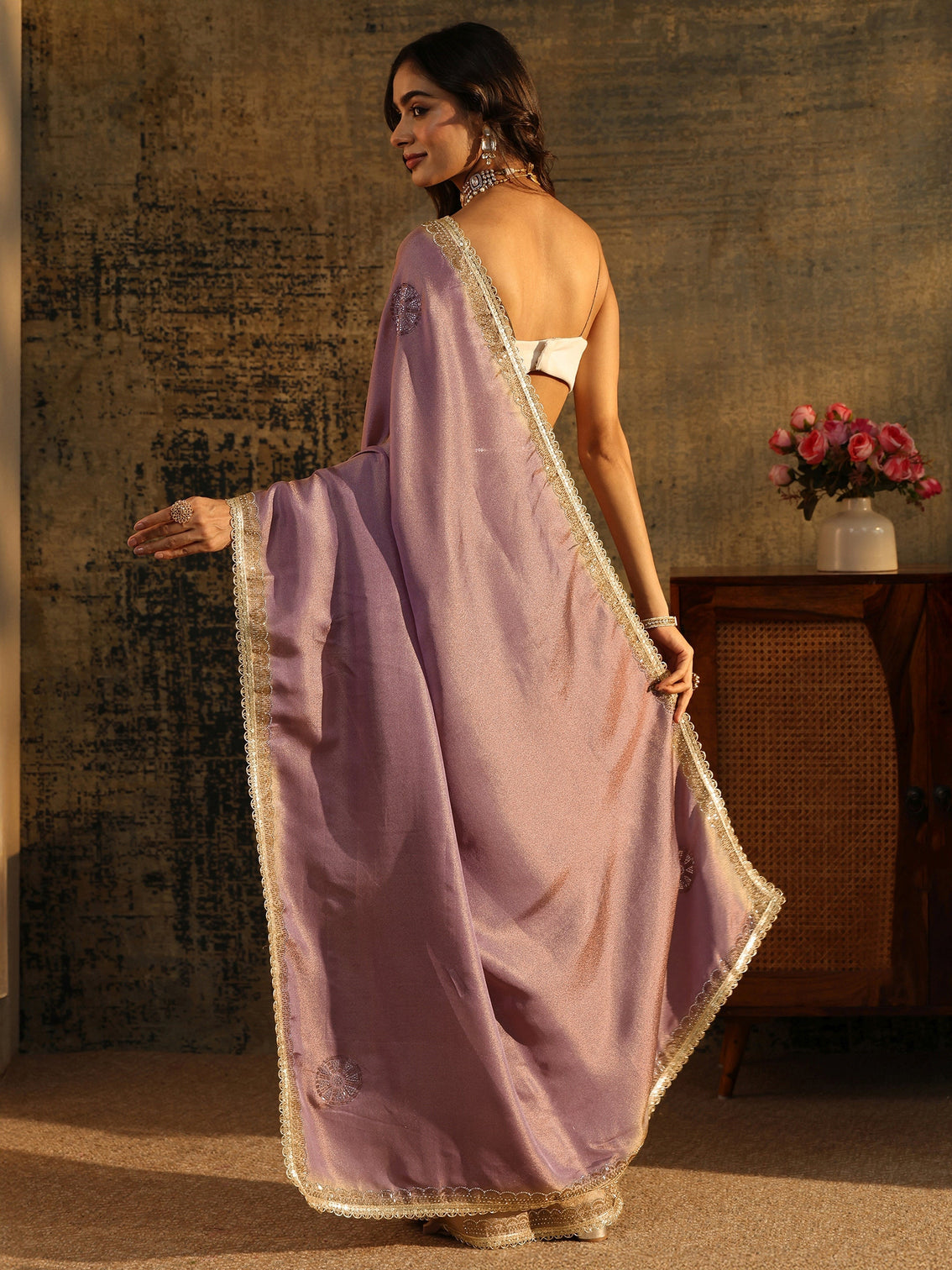 Mameraa Lavender Embellished Tissue Saree with Gota Border